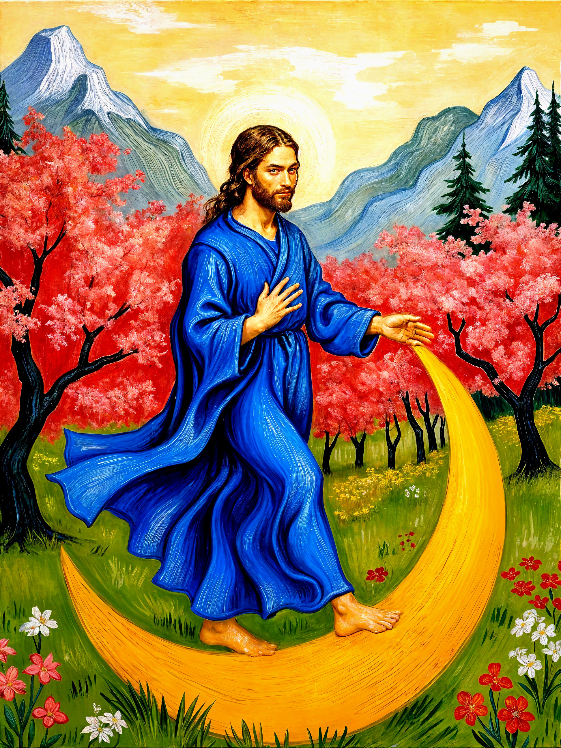 Serene Landscape with Spiritual Figure on Crescent Moon