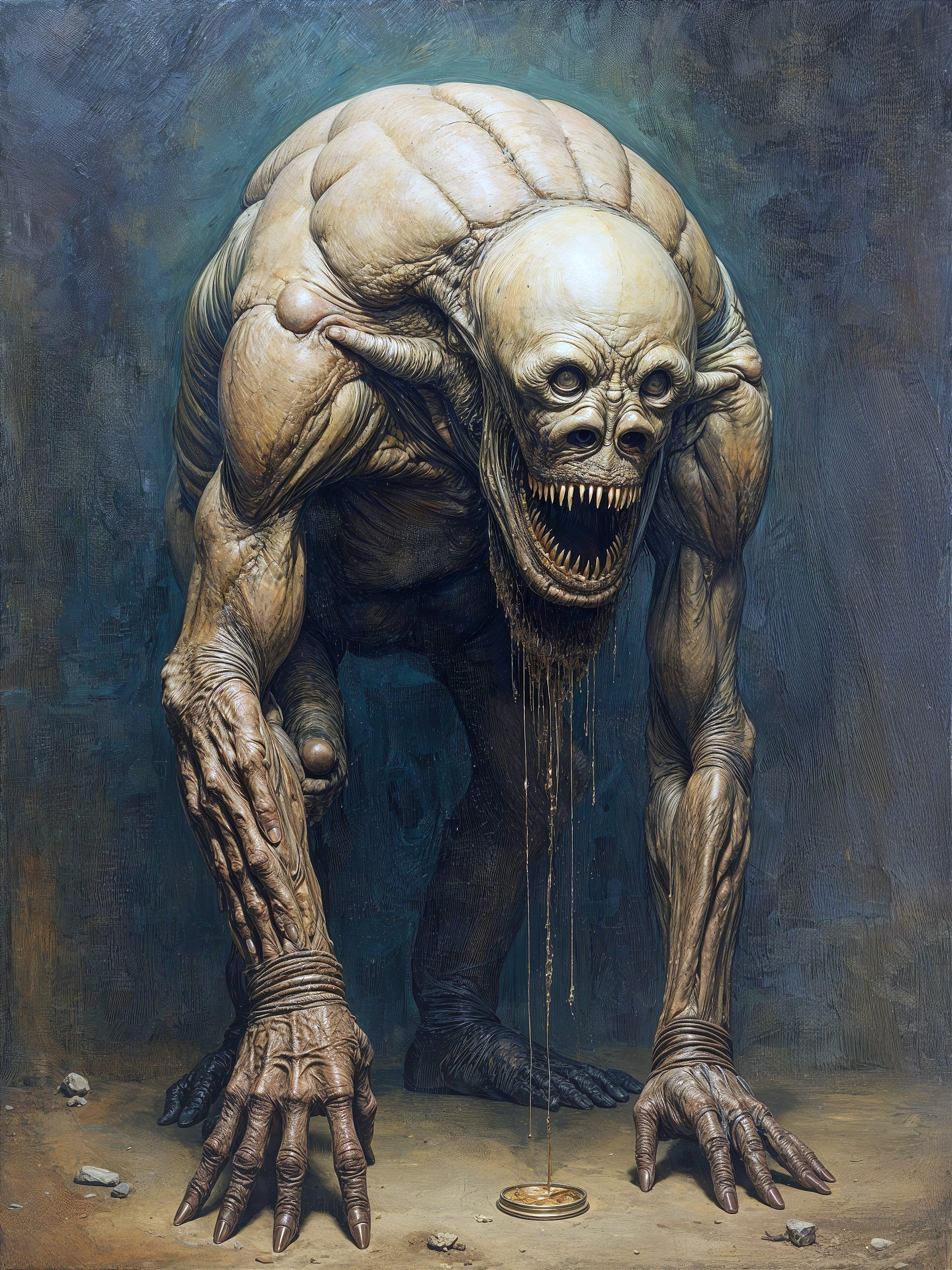 Grotesque Creature in Dimly Lit Ominous Space