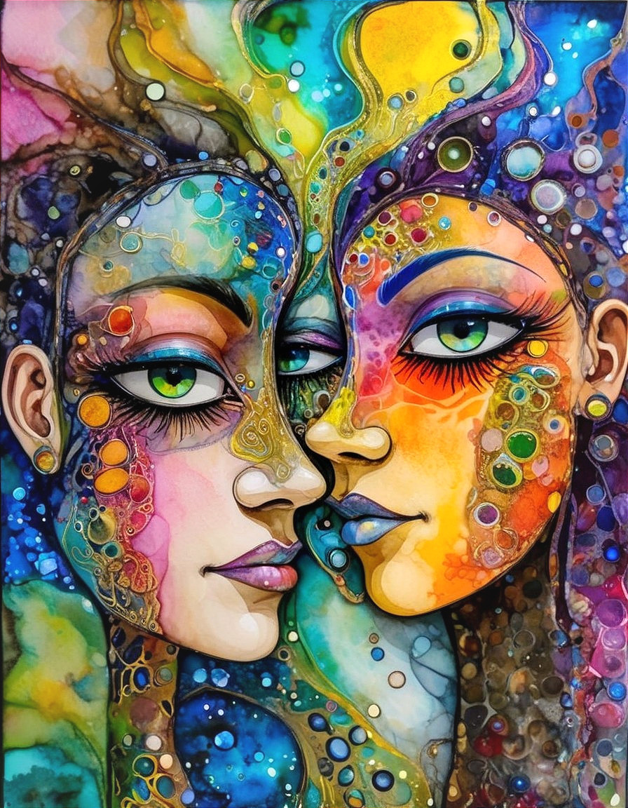 Vibrant Artwork of Two Faces with Intricate Patterns