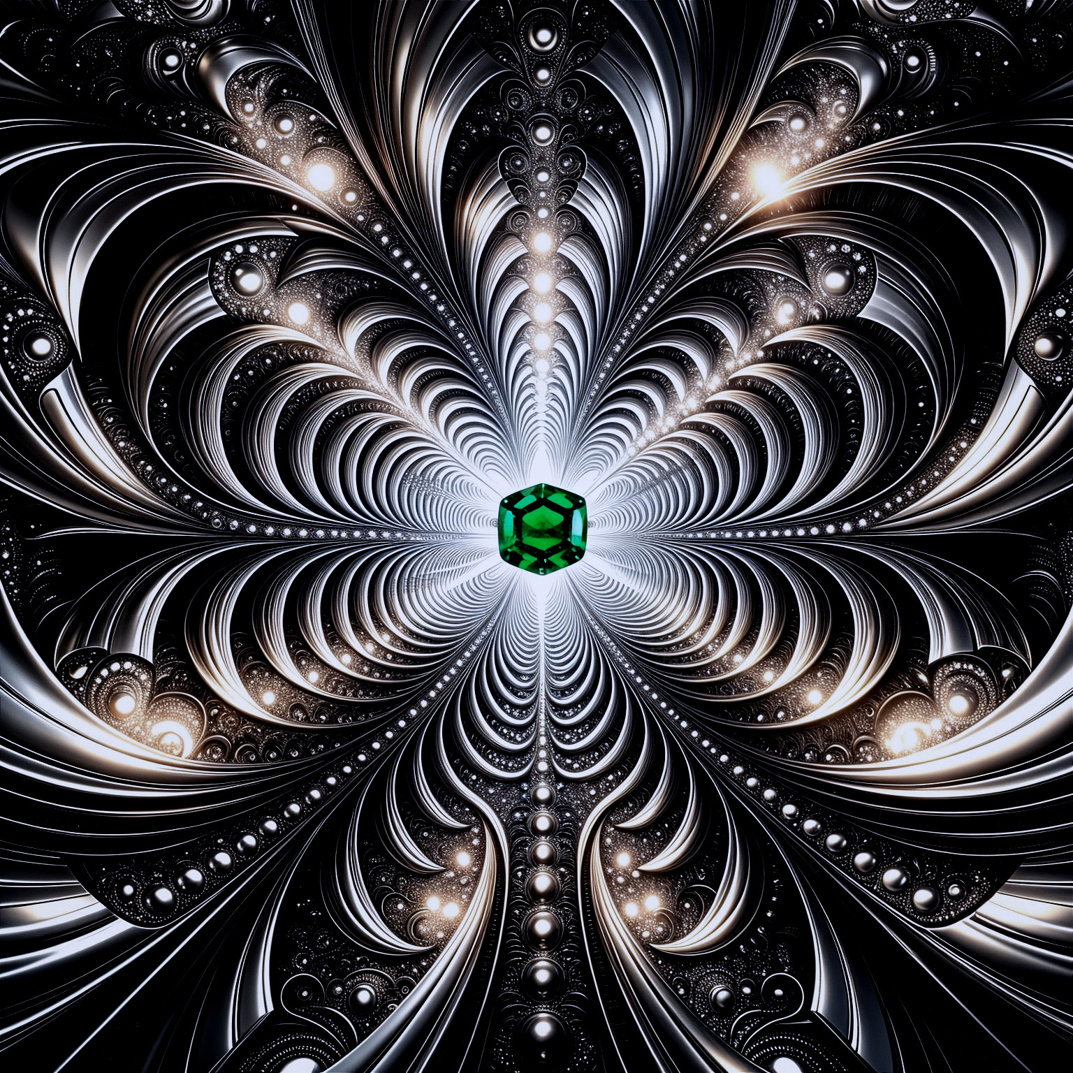 Abstract Pattern with Central Green Cube and Swirls