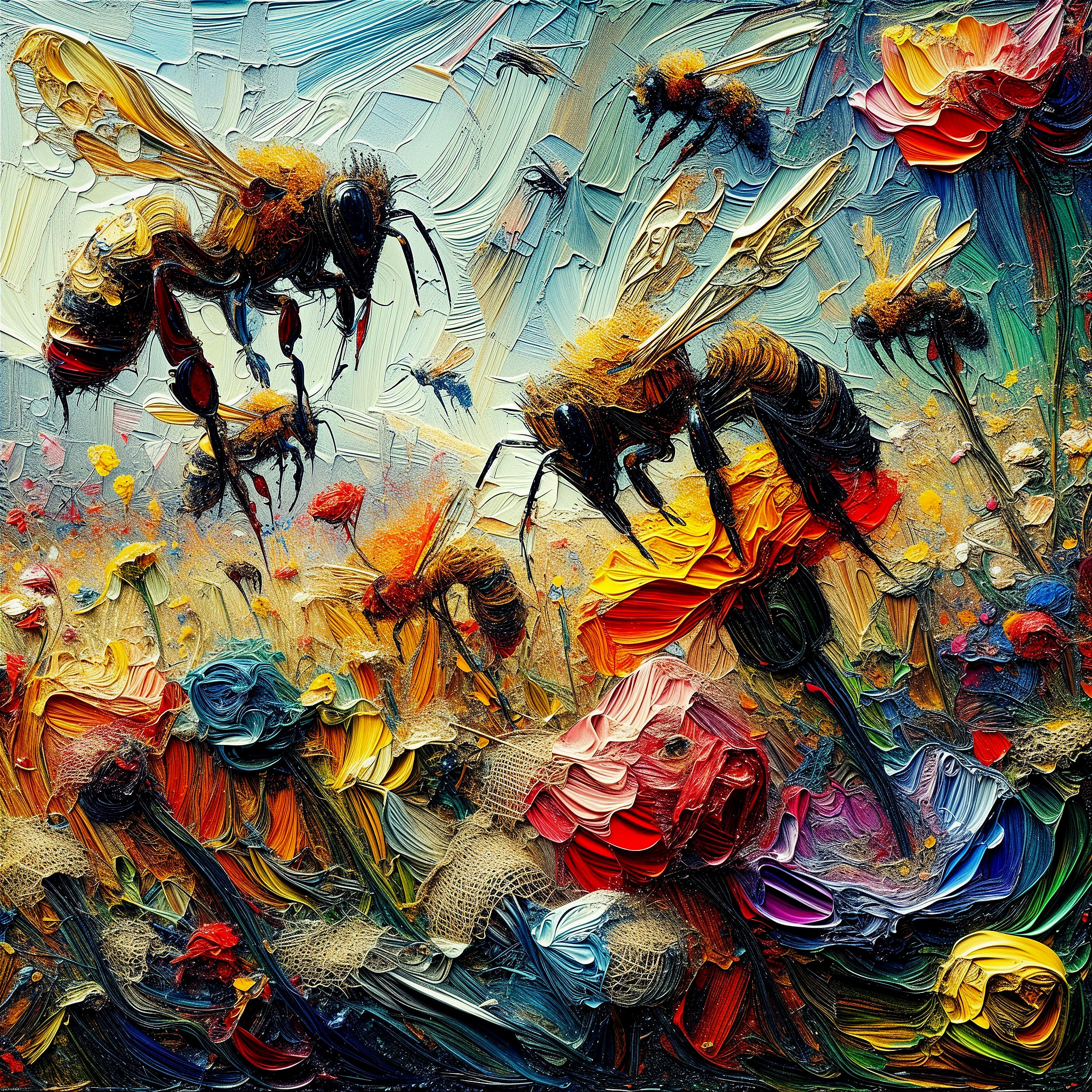 Abstract Art of Bees in a Colorful Flower Garden