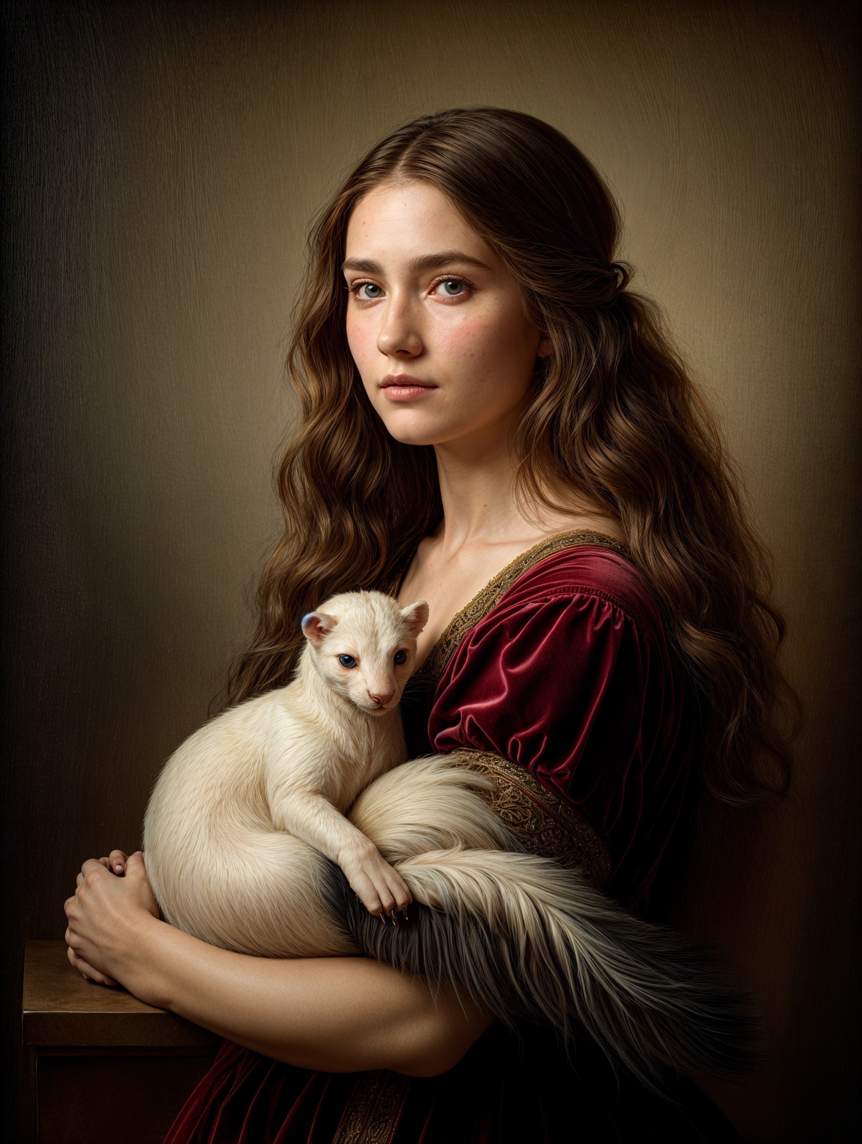 Young Woman in Burgundy Gown Holding a Ferret