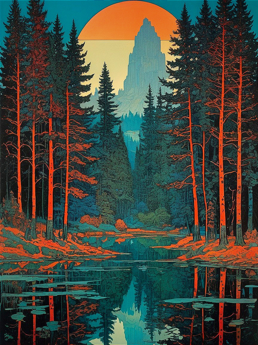 Vibrant Pine Trees and Mountain at Sunset Reflection