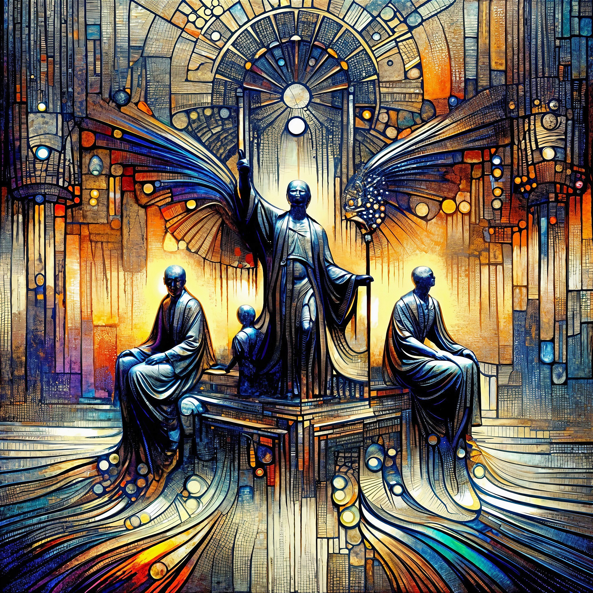 Abstract Figures in Flowing Garments in Vibrant Setting