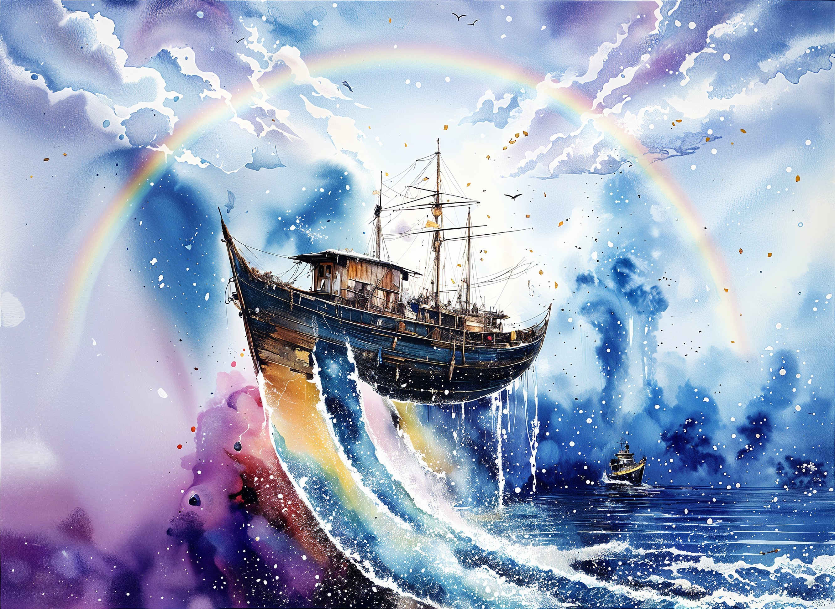 Colorful Ship in Dreamlike Watercolor Sky Scene
