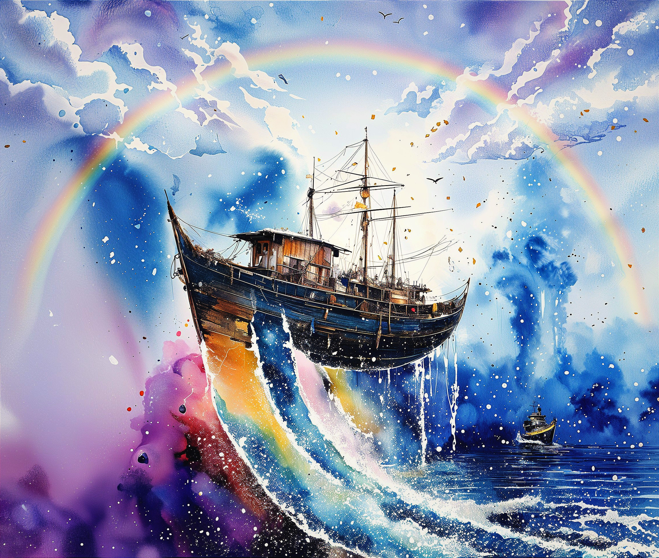 Colorful Ship in Dreamlike Watercolor Sky Scene