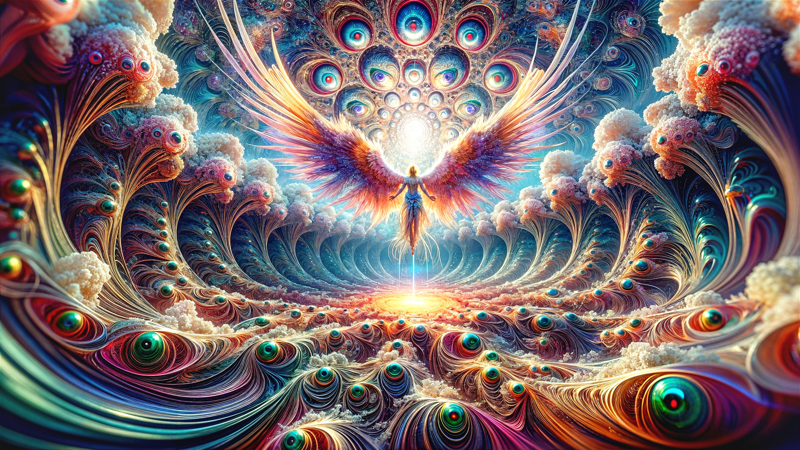 Majestic figure with vibrant wings in surreal landscape