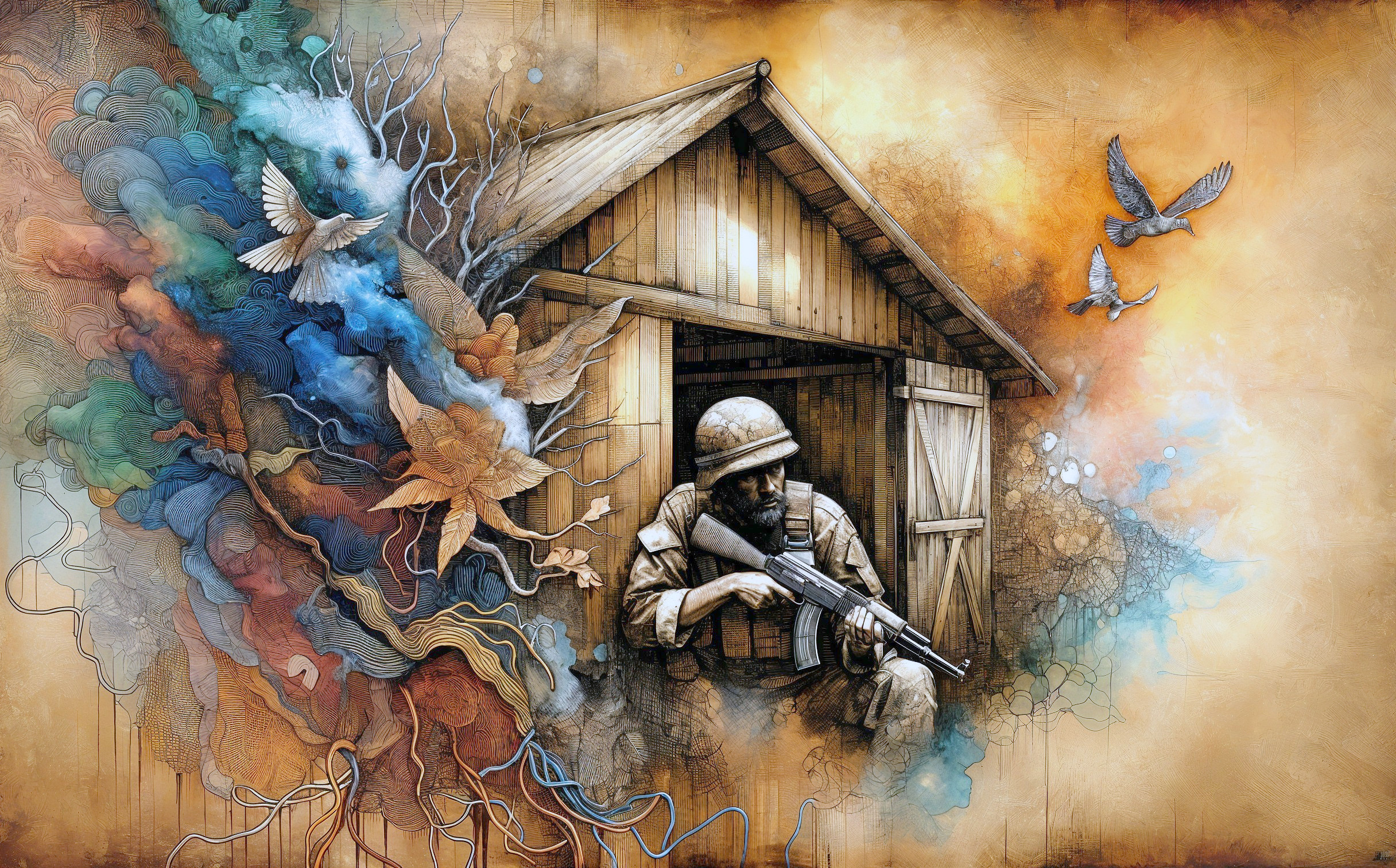 Soldier in Camouflage Amidst Colorful Abstract Scene