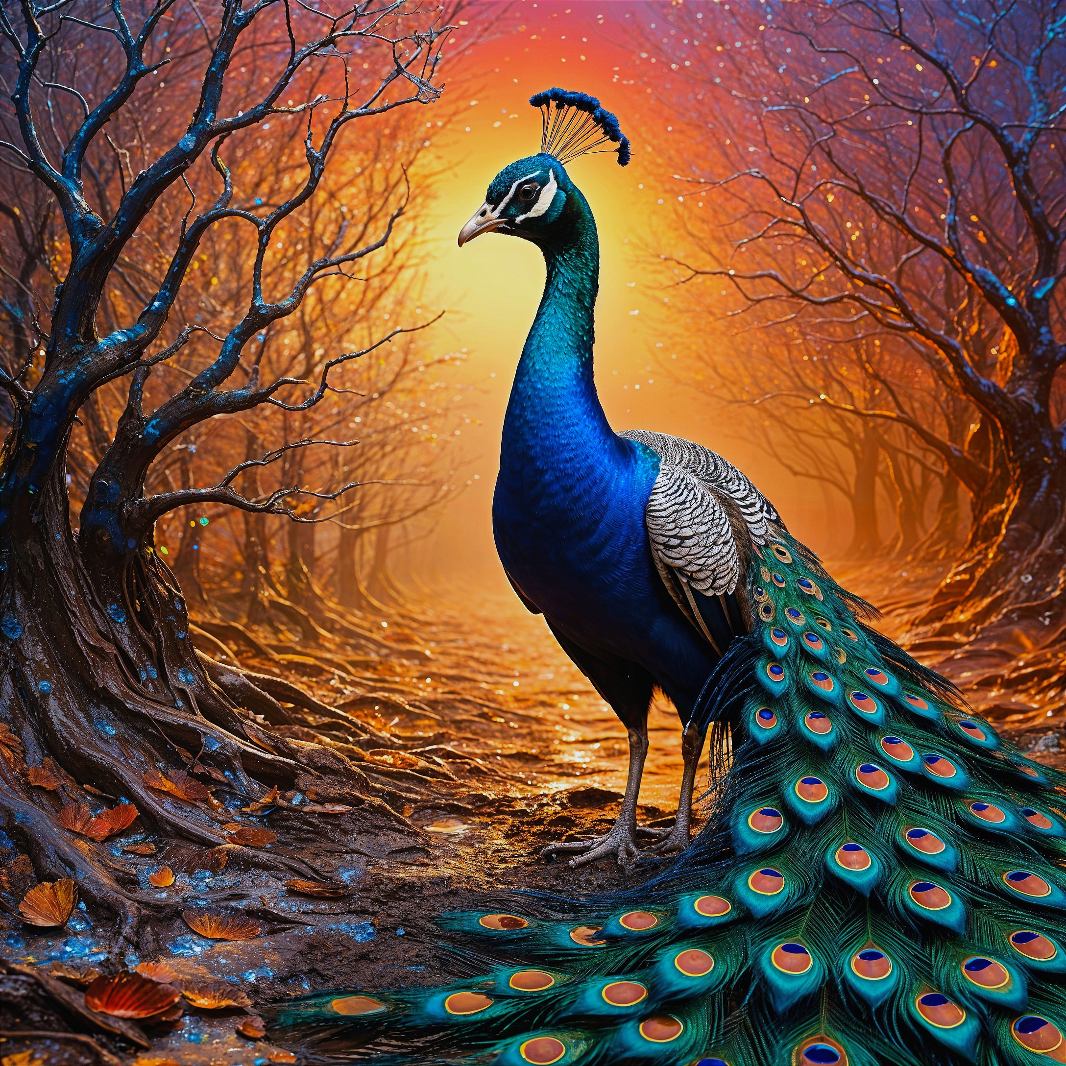 Peacock on a Winding Path Amidst Leafless Trees
