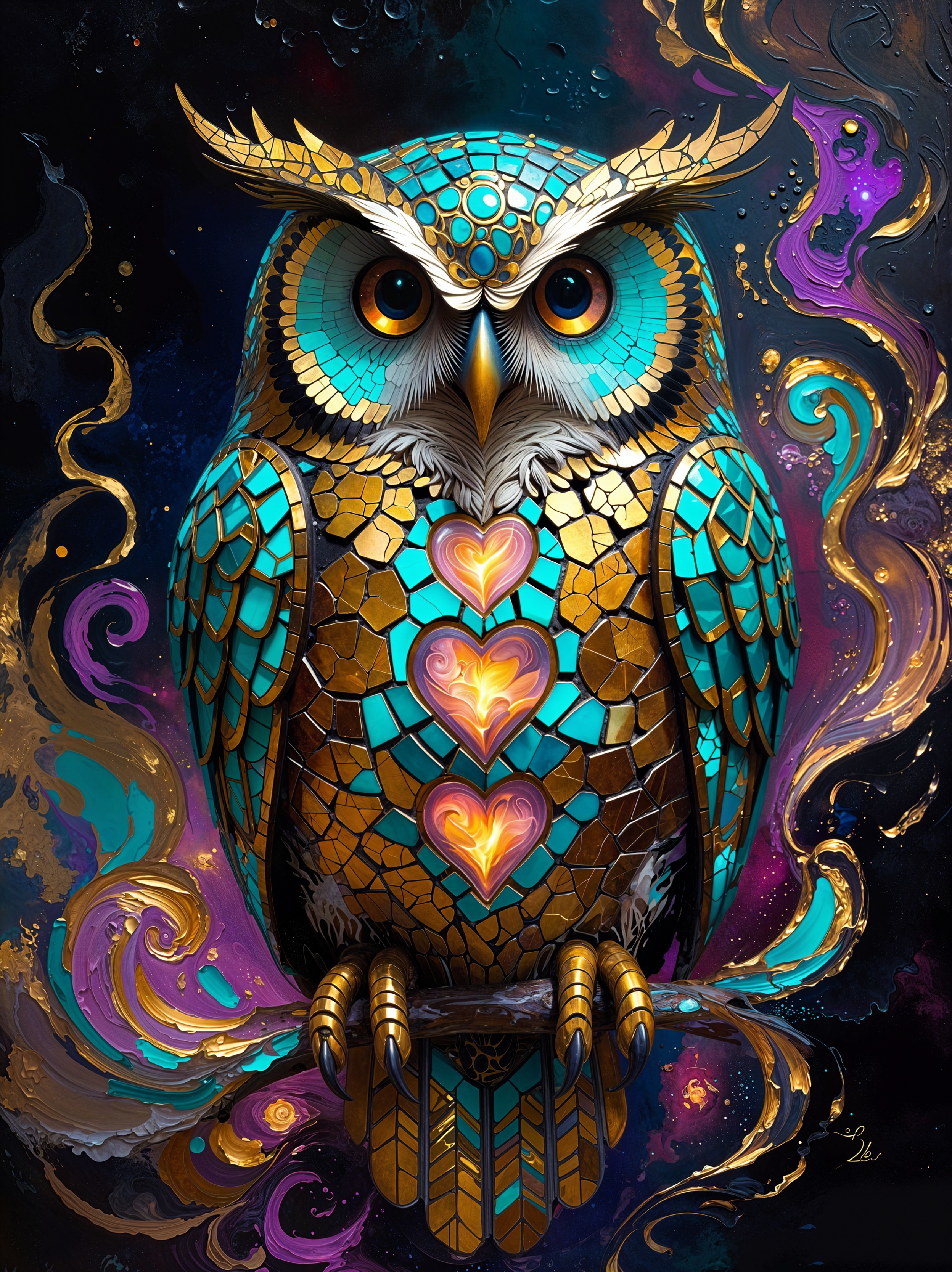 Ornate gold and teal mosaic owl in dark setting