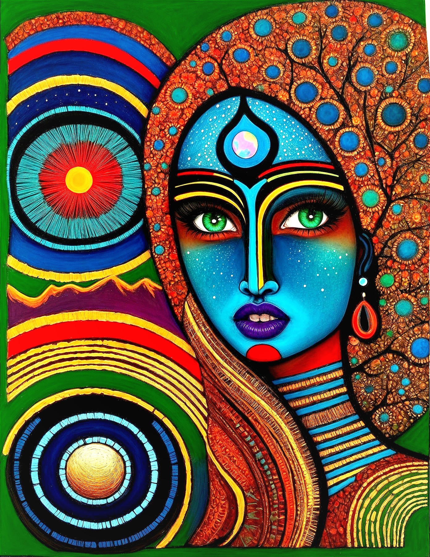 Vibrant Portrait of a Woman with Blue Skin and Patterns