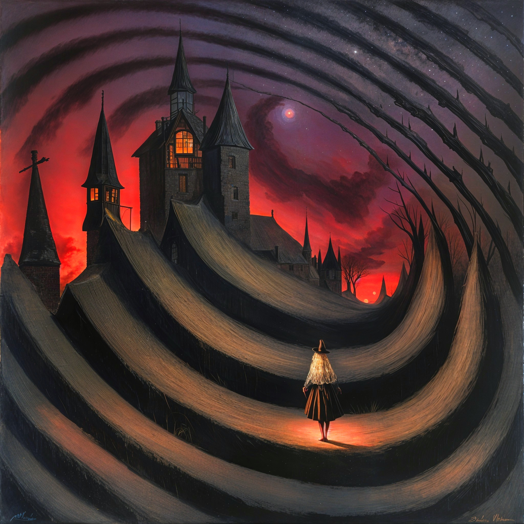 Surreal Landscape with Victorian Mansion and Sunset