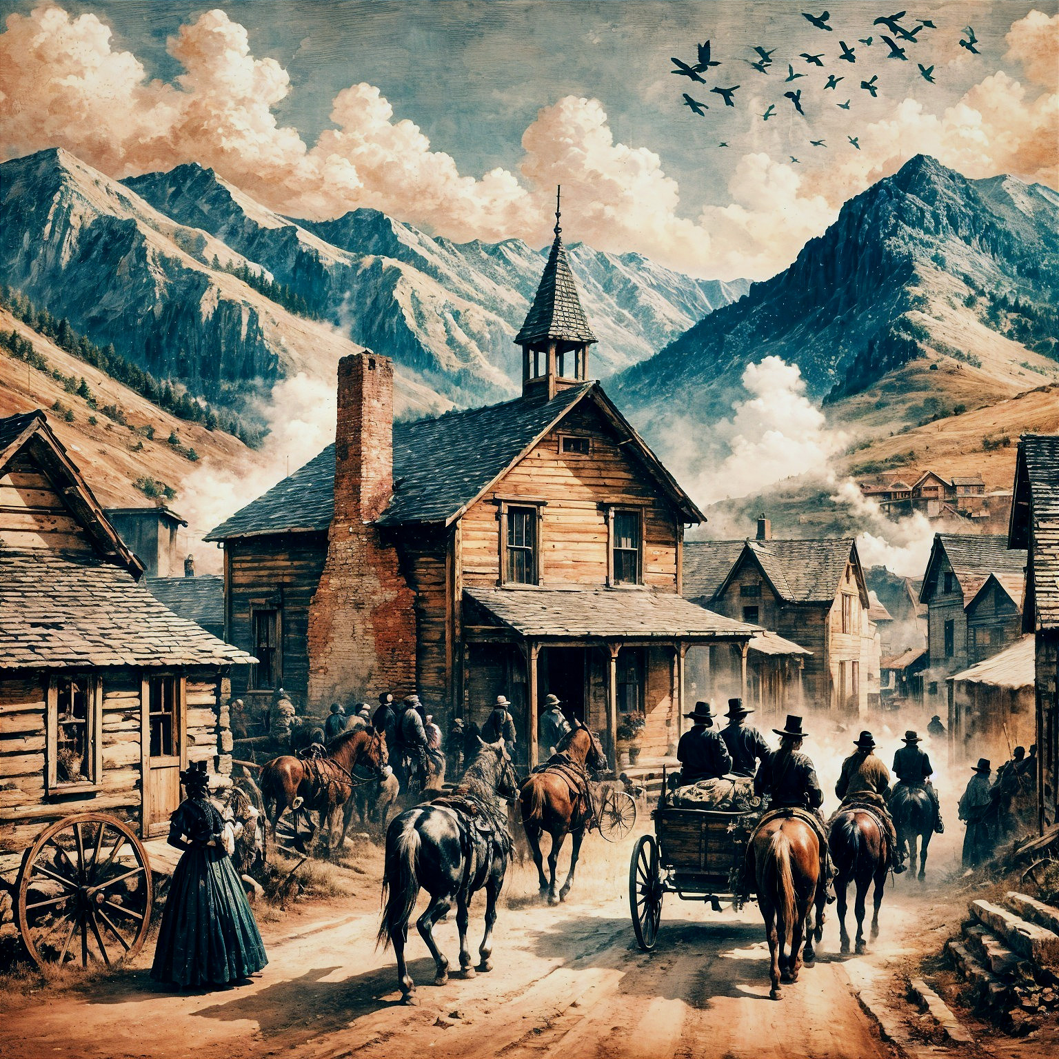 Vibrant Old Western Town Scene in Majestic Mountains