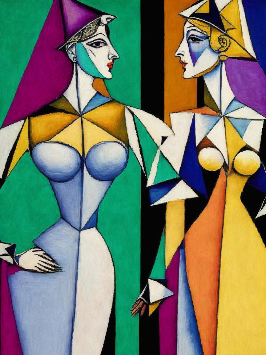 Cubist Depiction of Two Women in Vibrant Colors