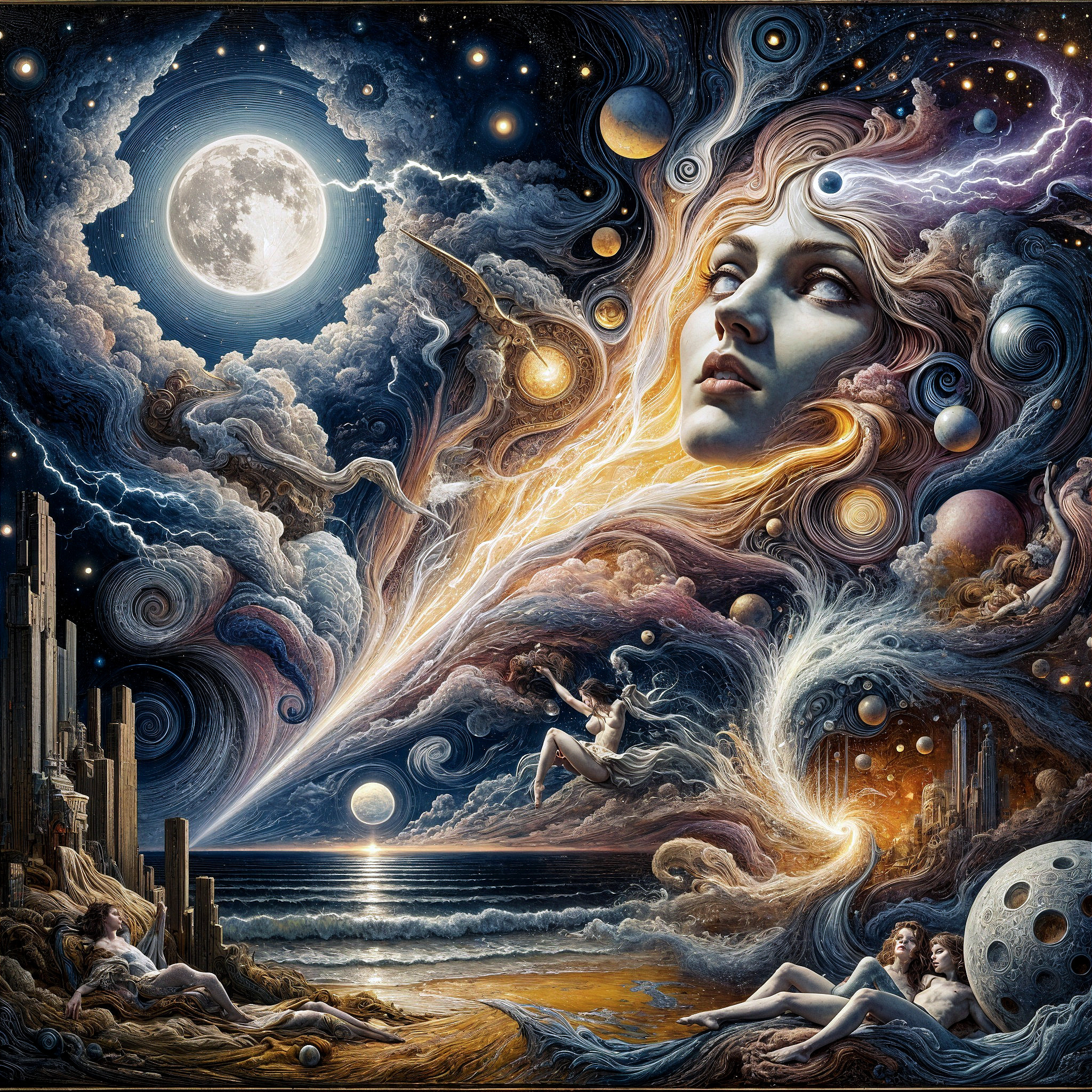 Surreal Cosmic Scene with Woman and Celestial Elements