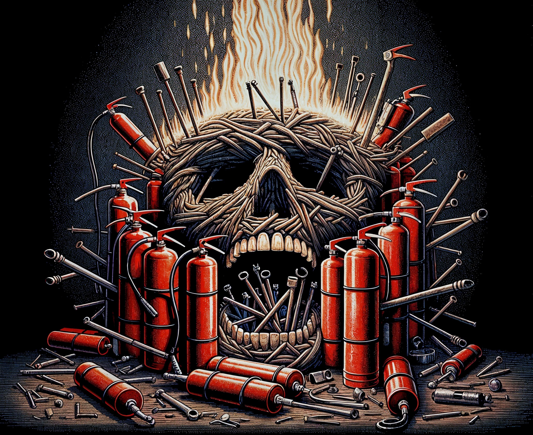 Skull Made of Ropes Surrounded by Tools and Flames