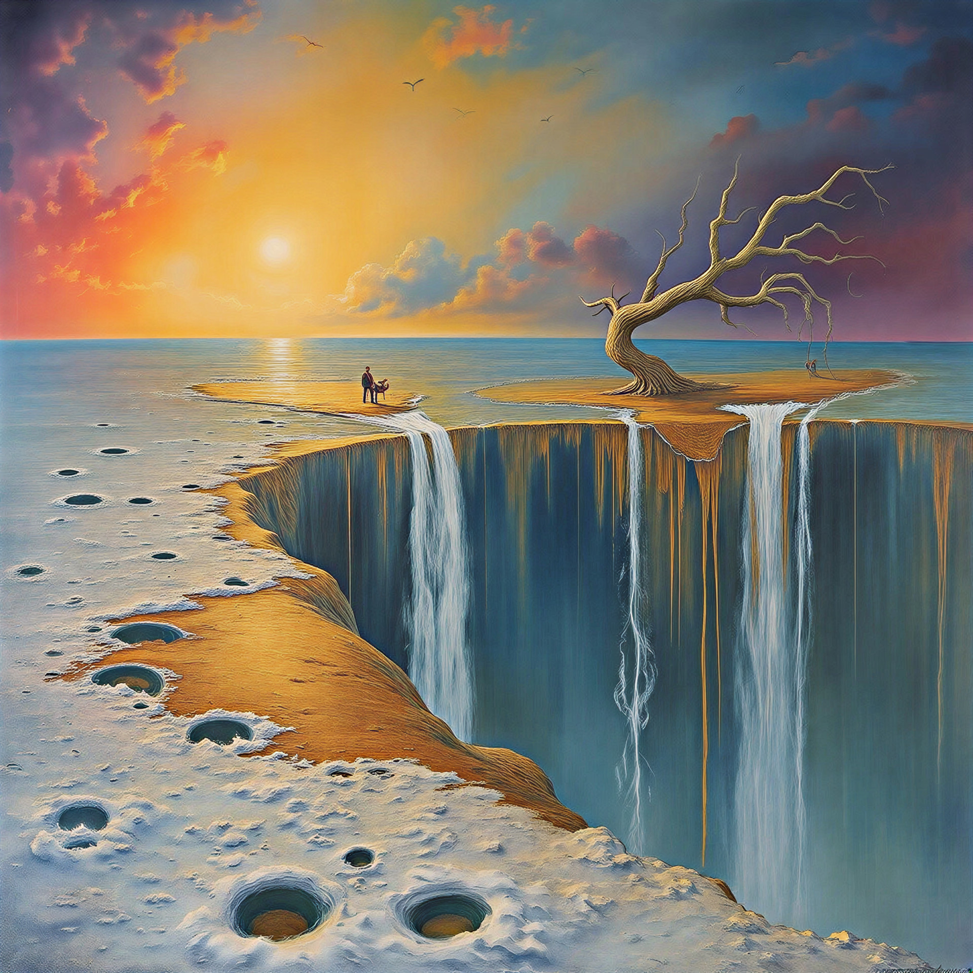 Surreal Landscape with Waterfalls and Leafless Tree