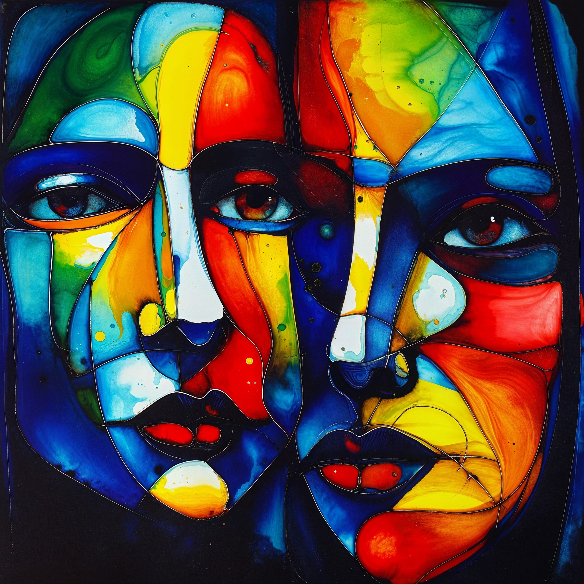 Abstract Artwork of Intertwined Faces in Bold Colors