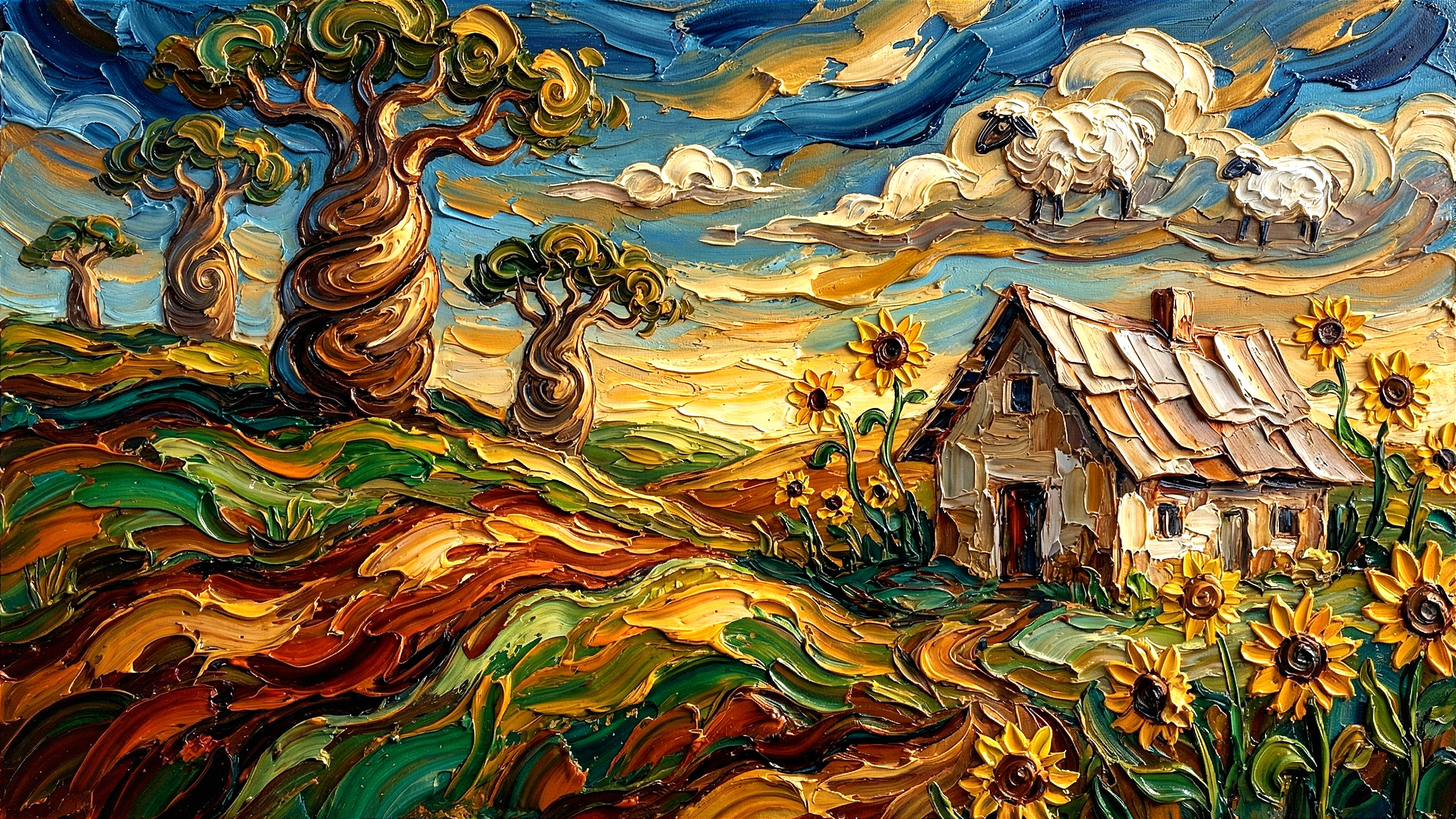 Impasto Oil Painting of Sheep on Clouds Over Cottage