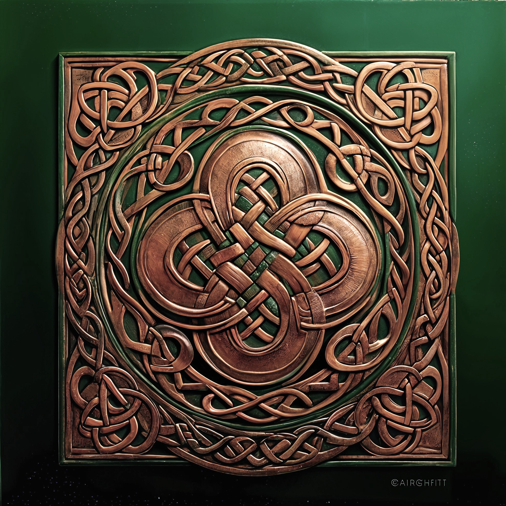 Intricate Celtic Knot Design in Bronze and Green