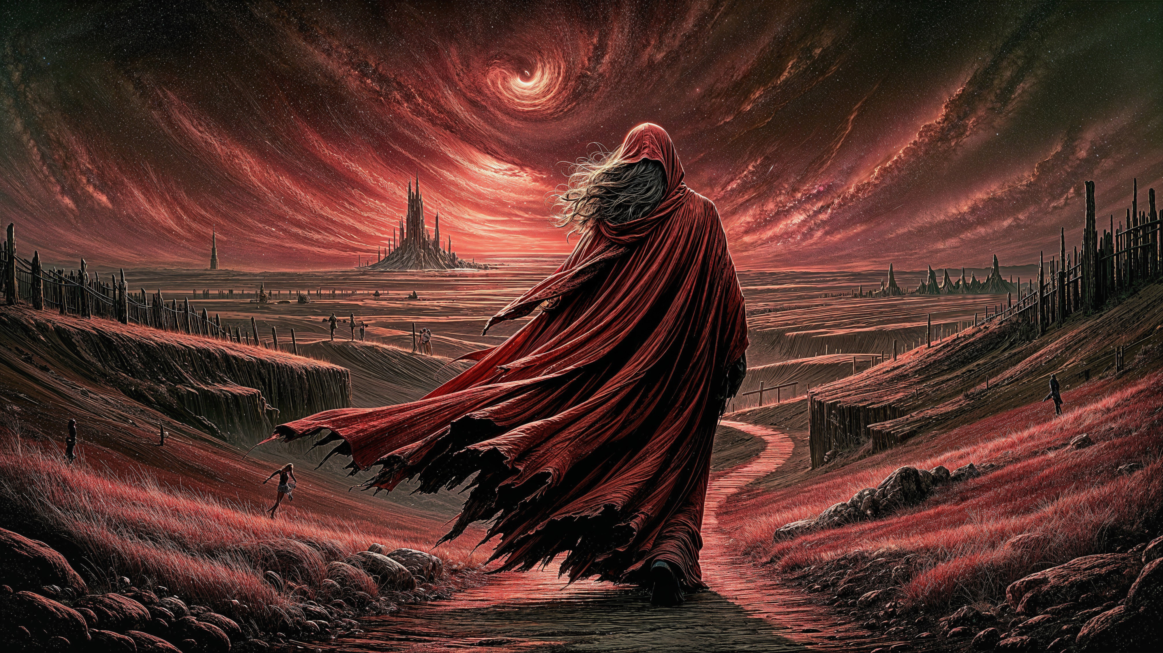 Cloaked Figure in a Surreal Crimson Landscape
