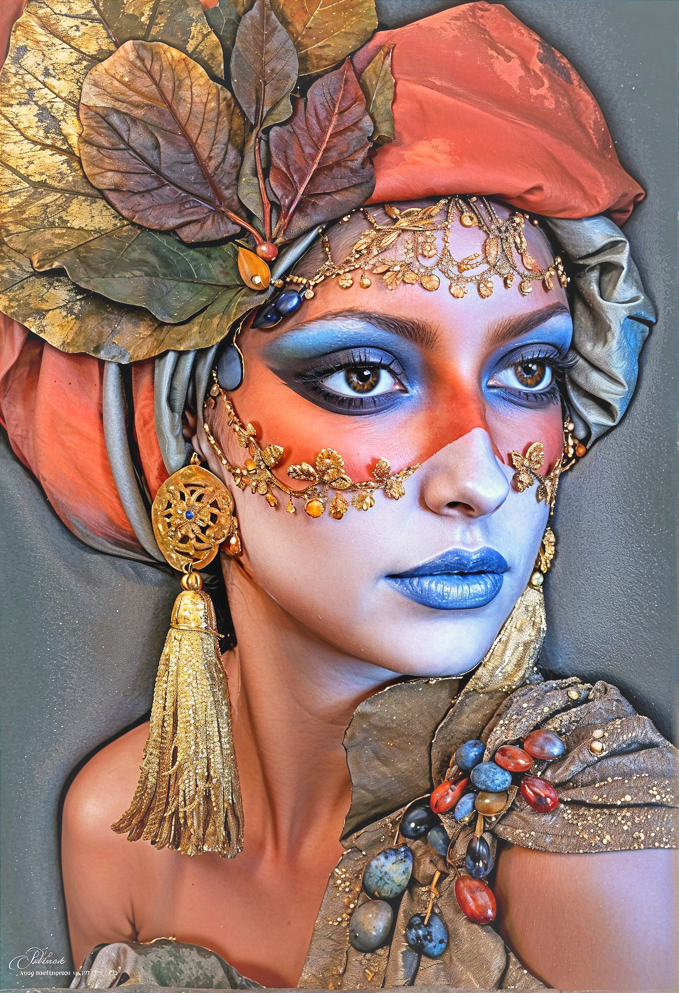 Portrait of a woman with vibrant makeup and accessories