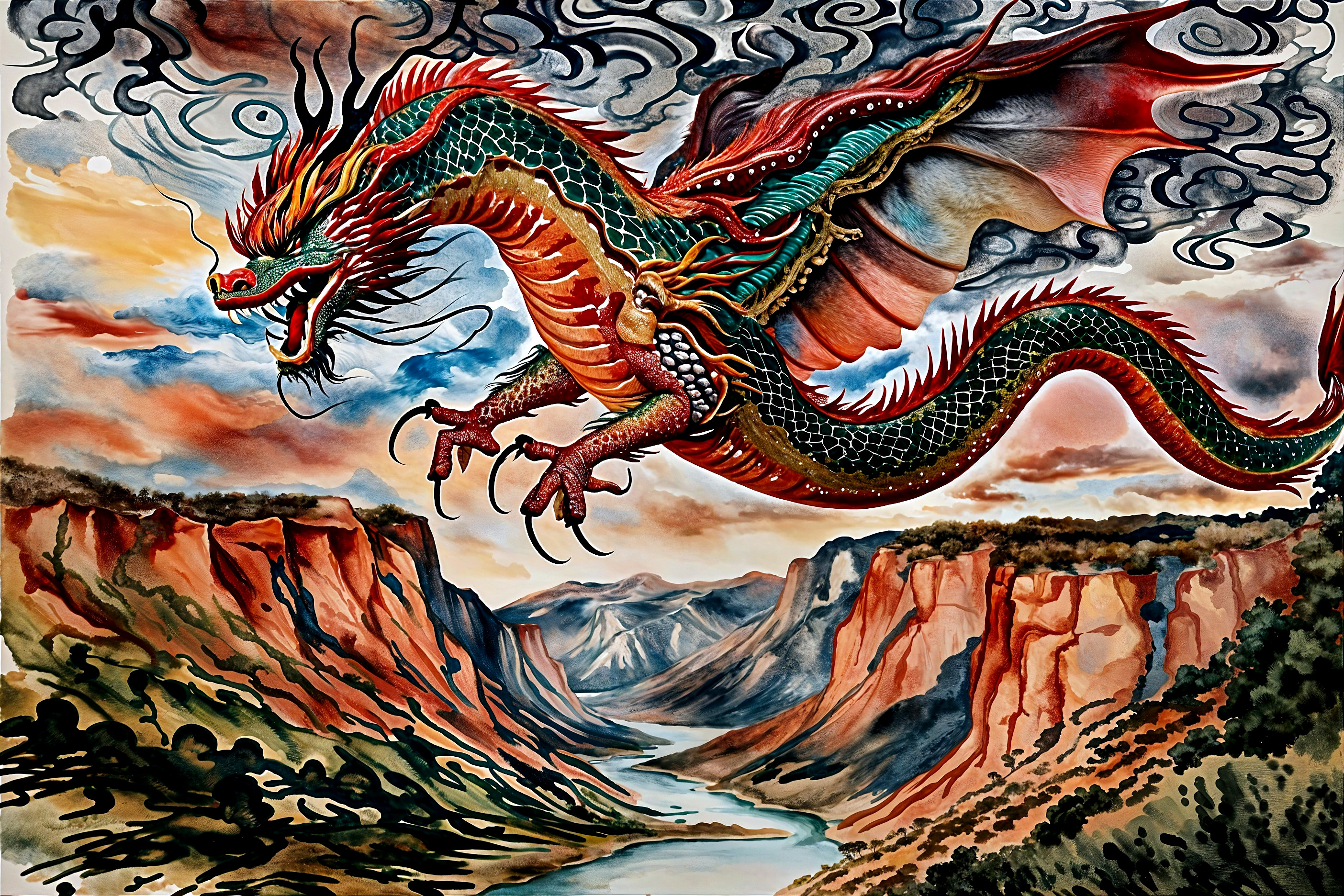 Mythical dragon soaring over dramatic landscape scene