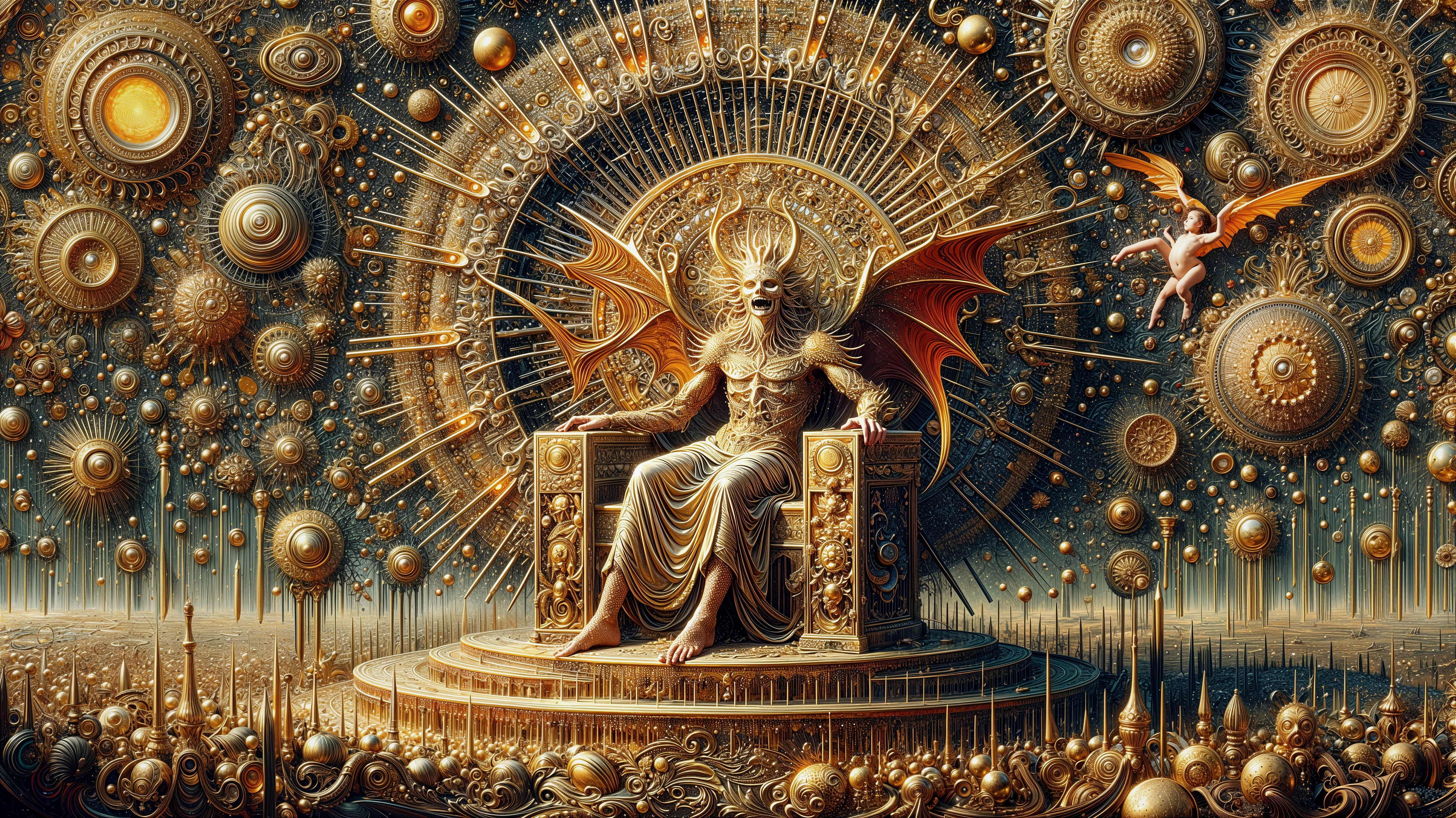 Regal Figure with Dragon Wings on Ornate Throne