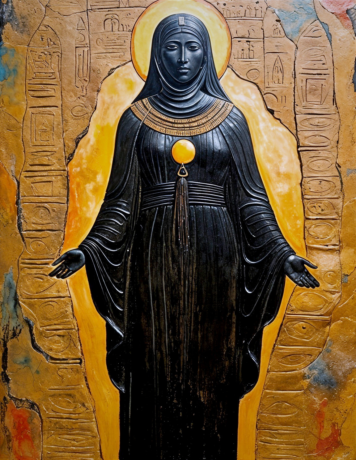 Figure in Dark Robe with Halo Against Gold Background