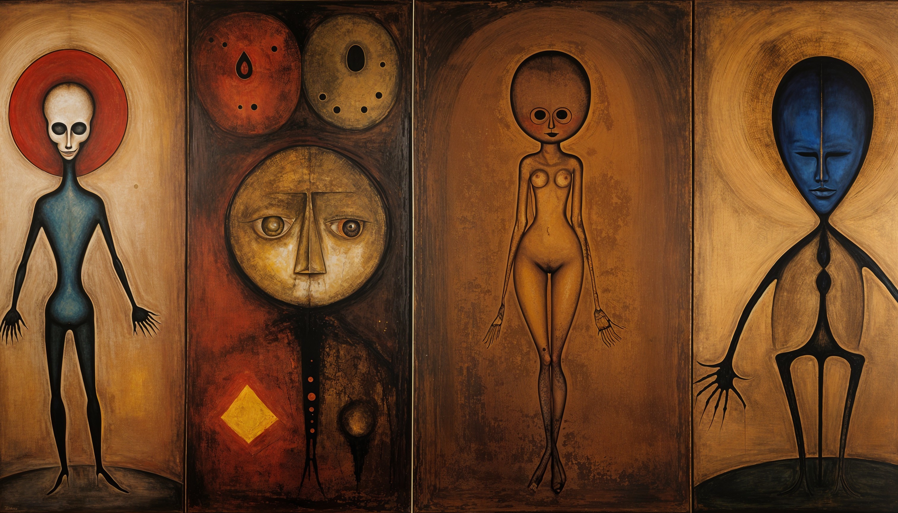 Abstract Figures in Four Distinct Surreal Panels