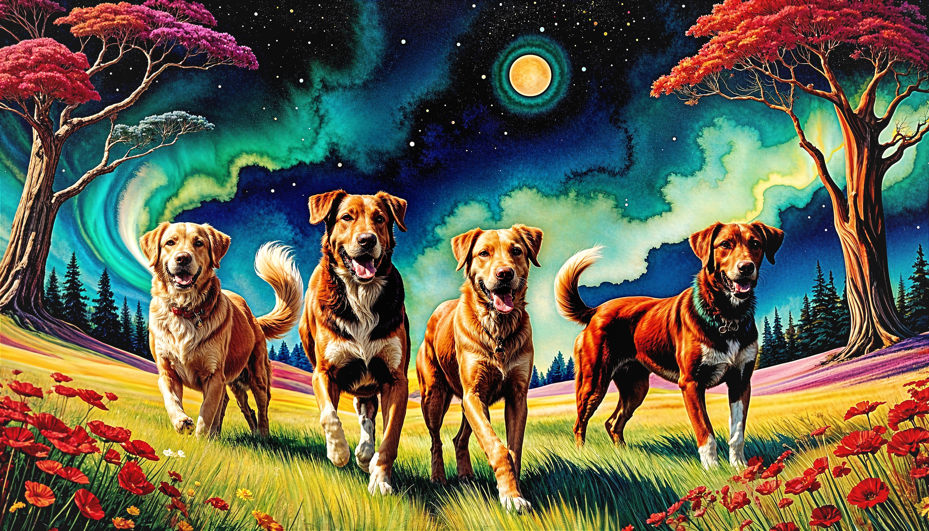 Colorful Landscape with Dogs in Flower Meadow