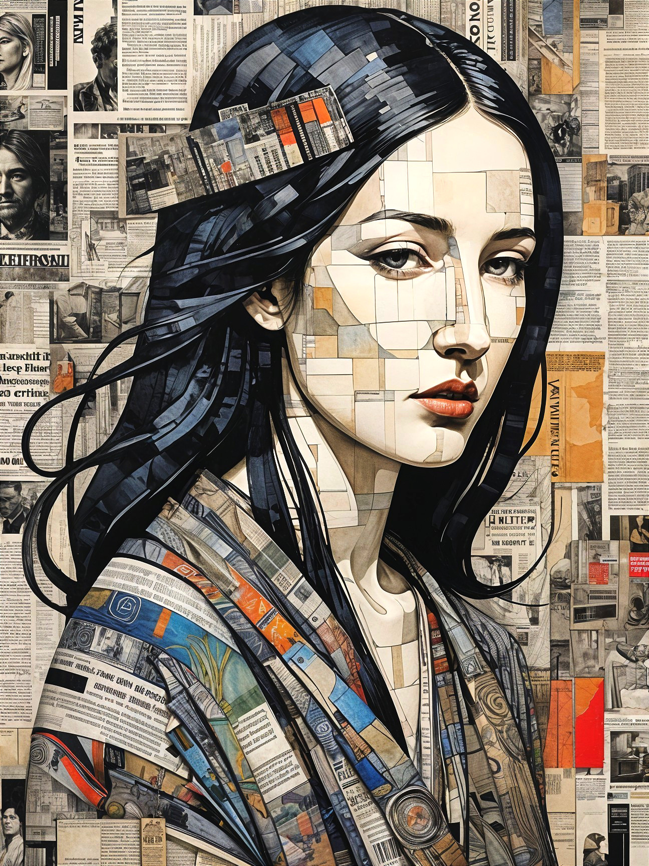 Stylized Portrait of a Woman with Newspaper Clippings