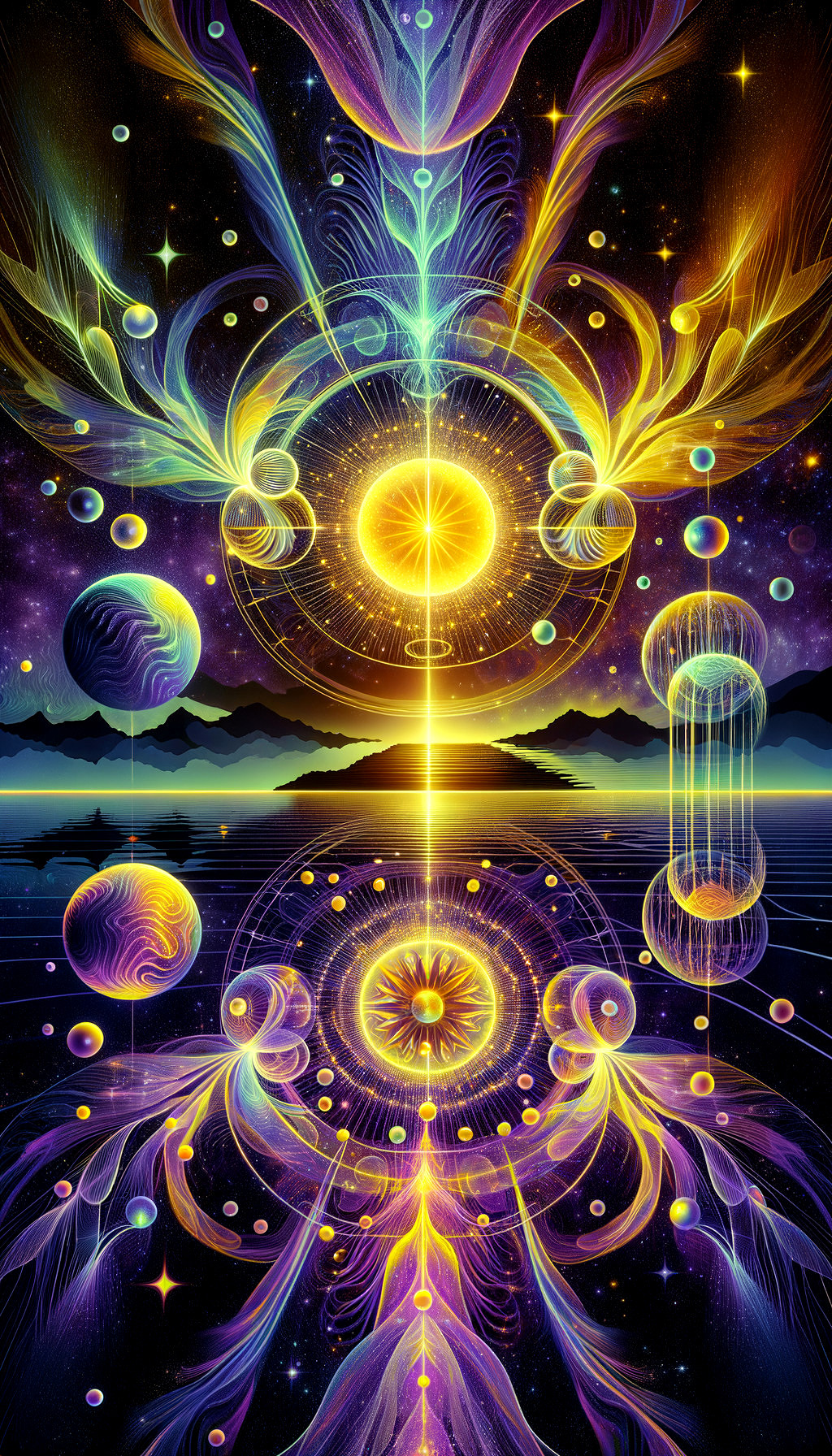 Vibrant Cosmic Artwork with Radiant Sun and Patterns