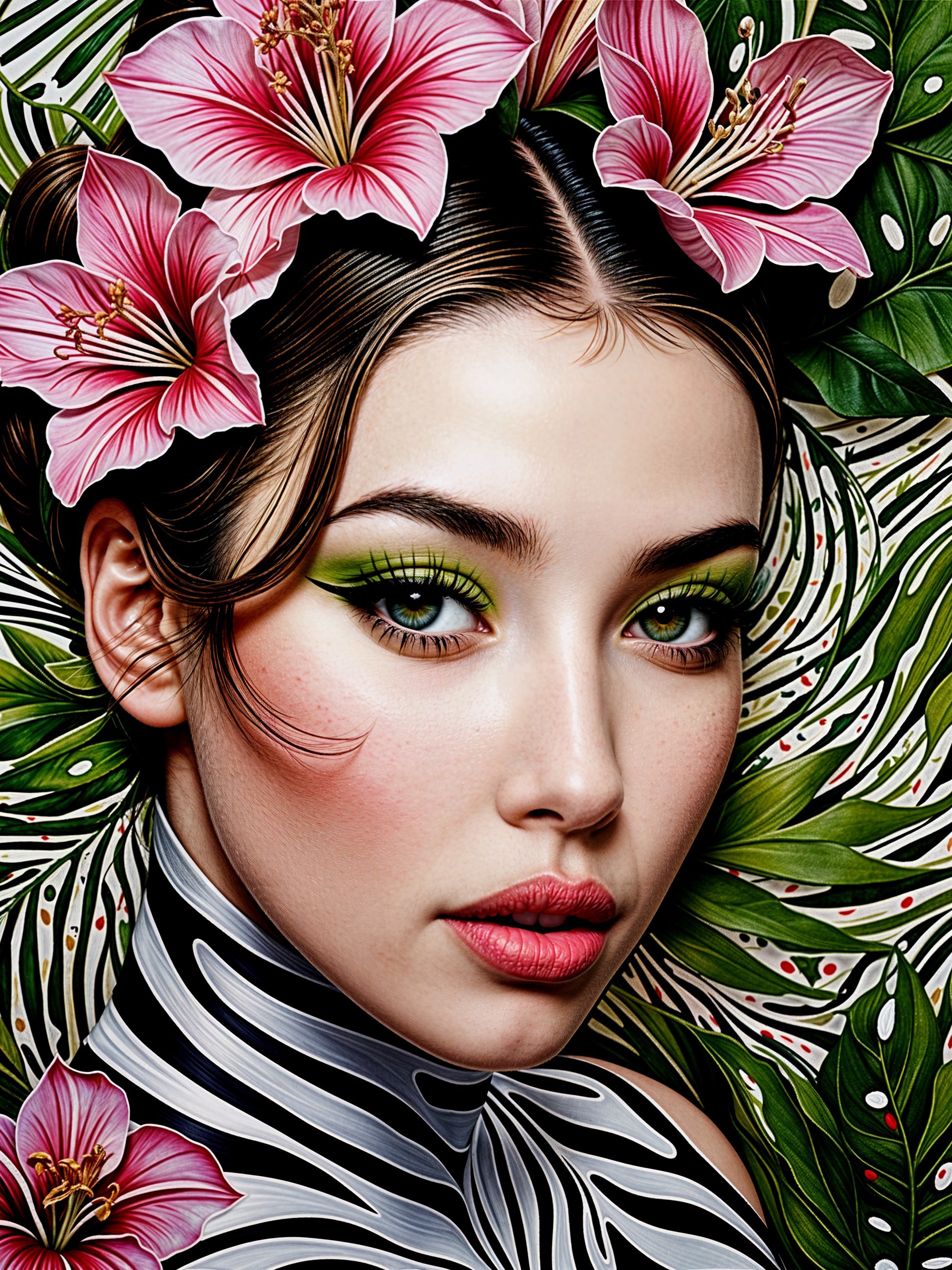 Portrait of a woman with hibiscus flowers and bold makeup