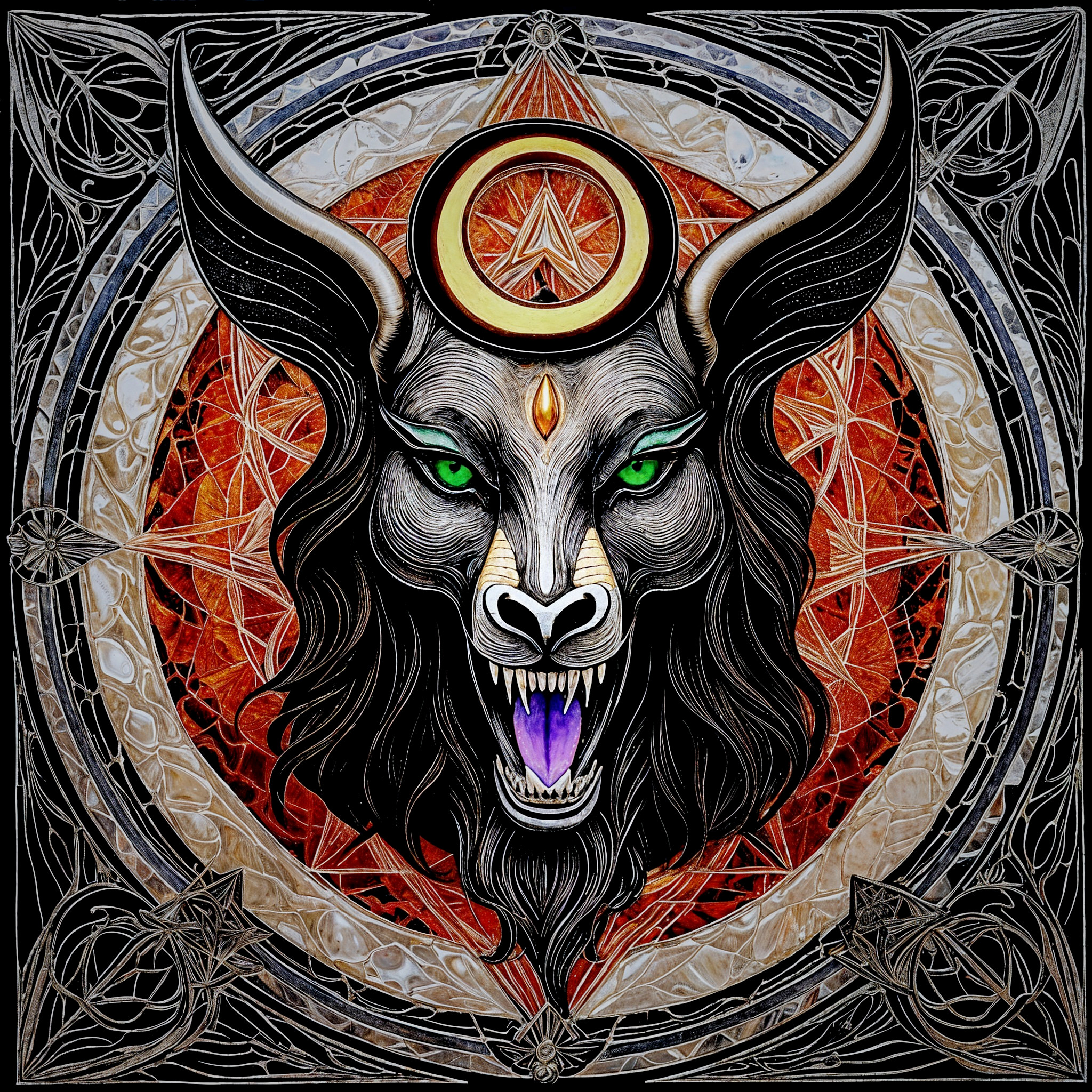 Fierce wolf-like creature with green eyes and moon details