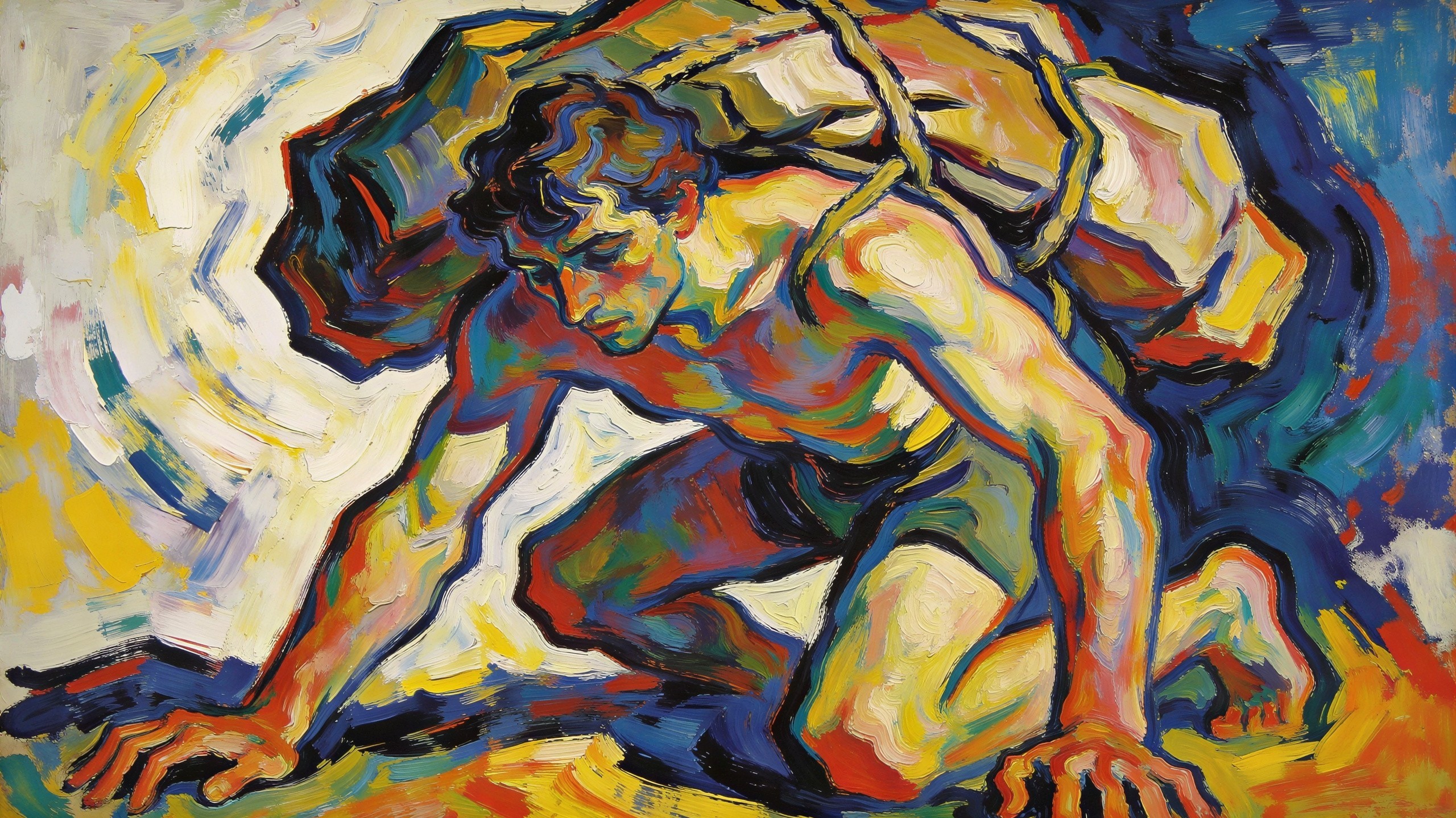 Muscular Man with Colorful Skin Carrying Geometric Rock