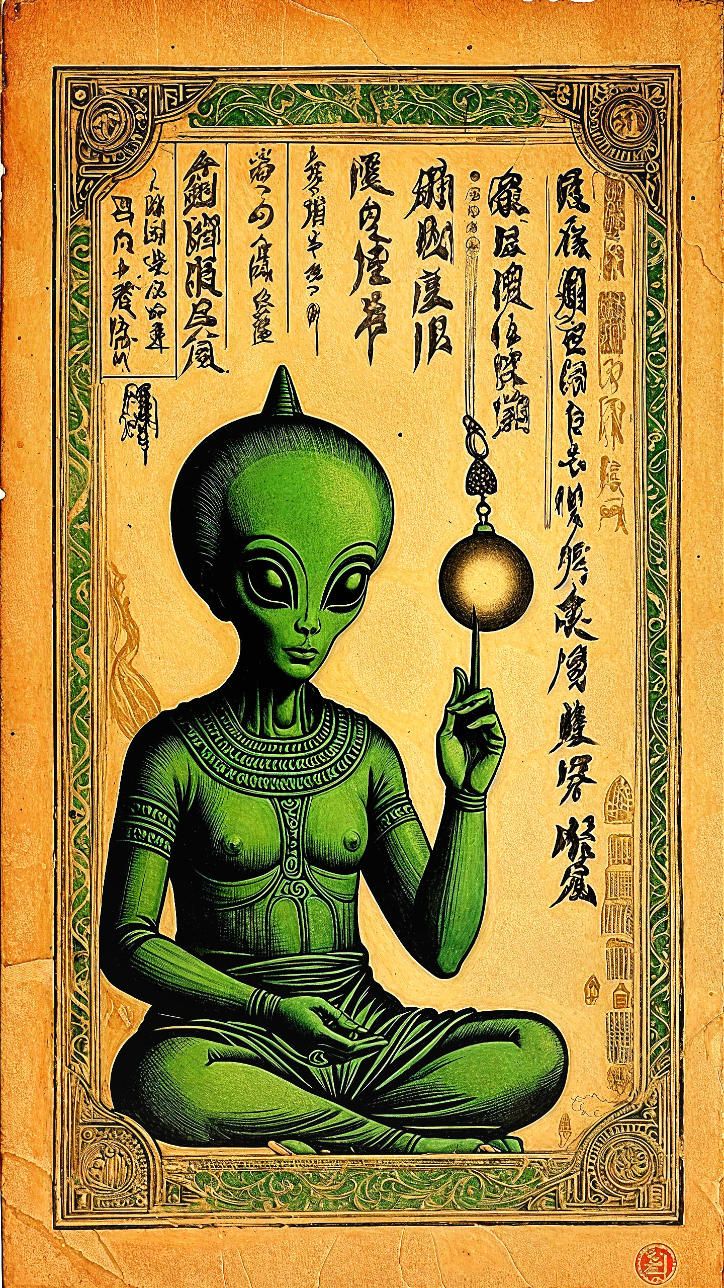 Humanoid Figure with Green Skin in Meditative Pose