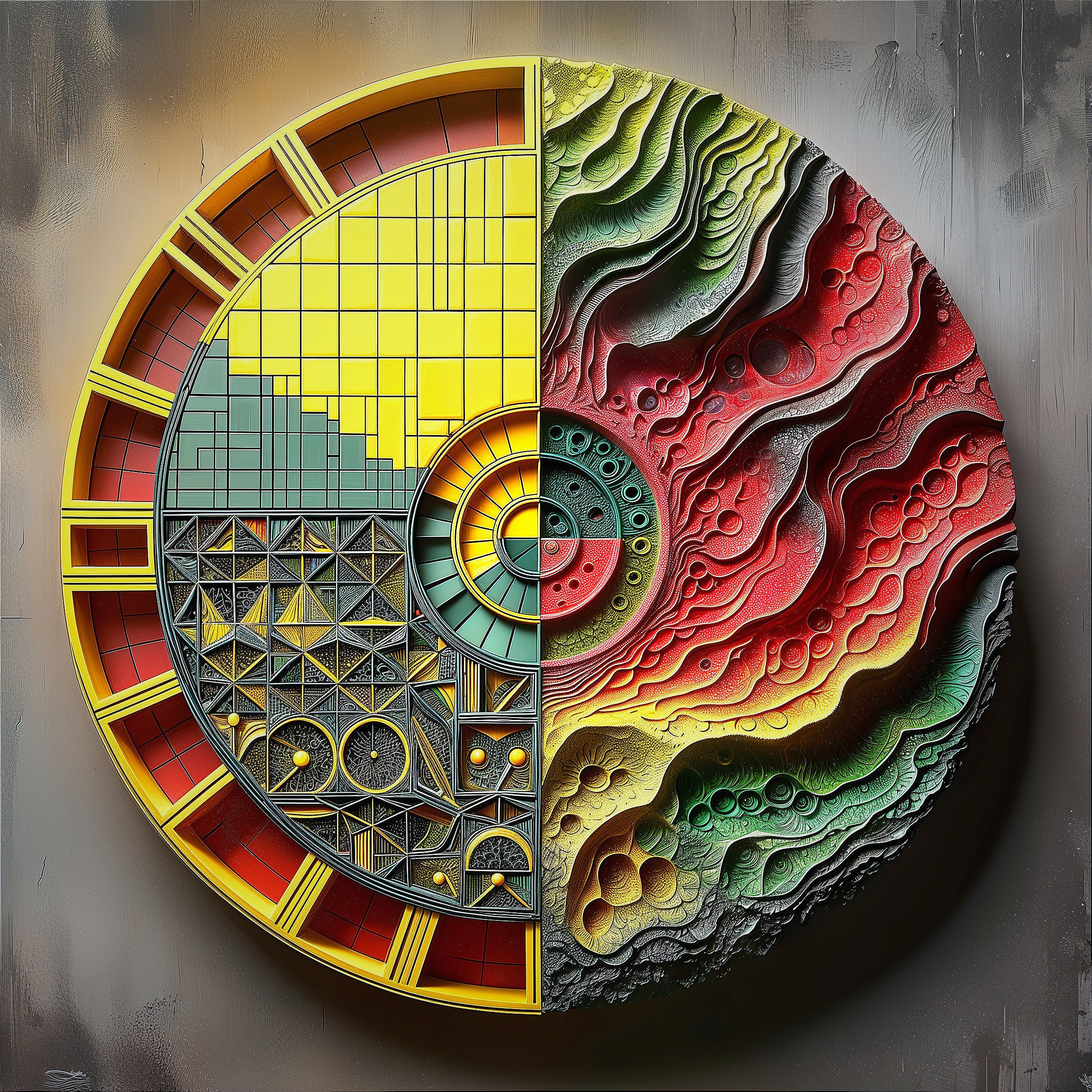 Circular Artwork with Geometric and Organic Designs