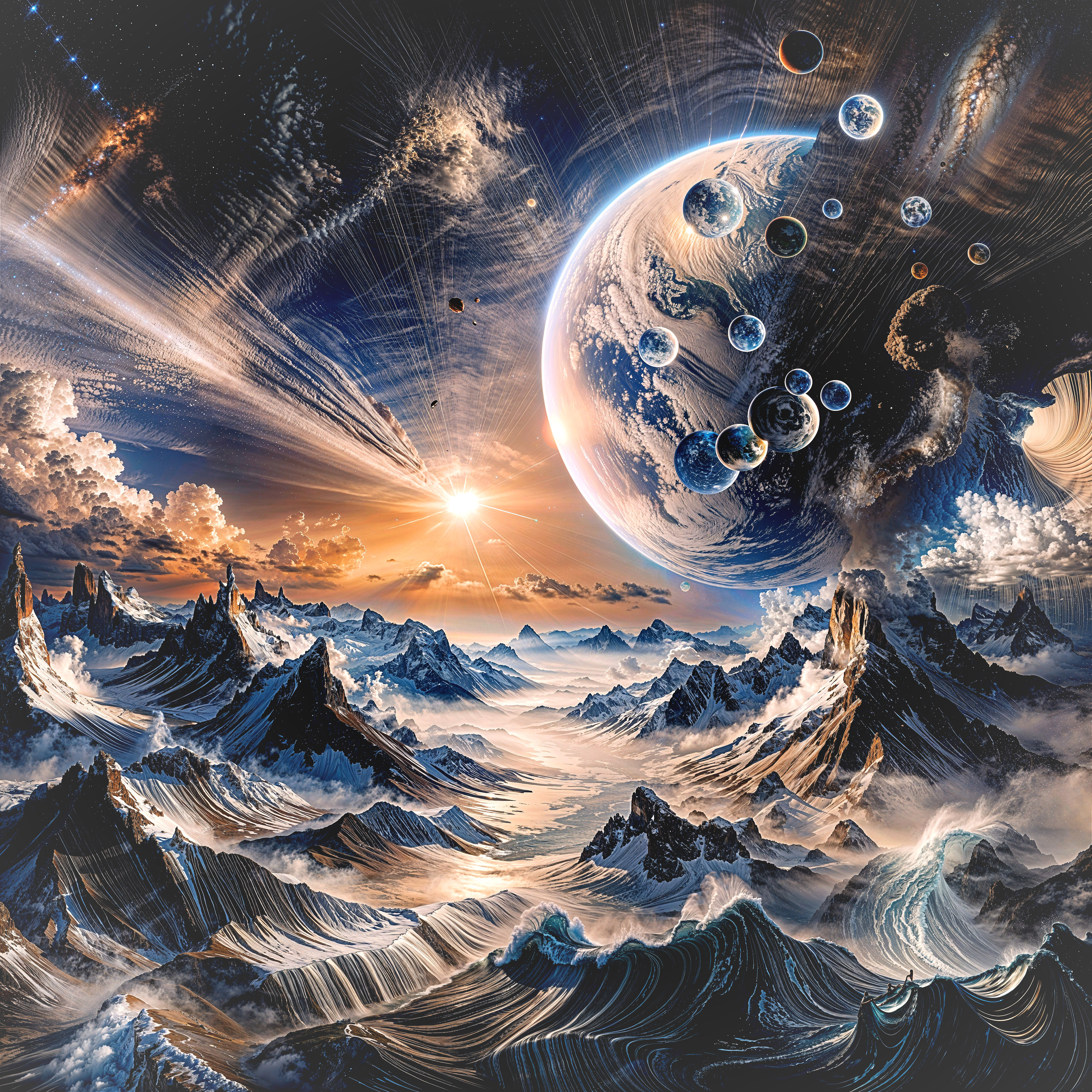 Cosmic Landscape with Mountains and Vibrant Sky