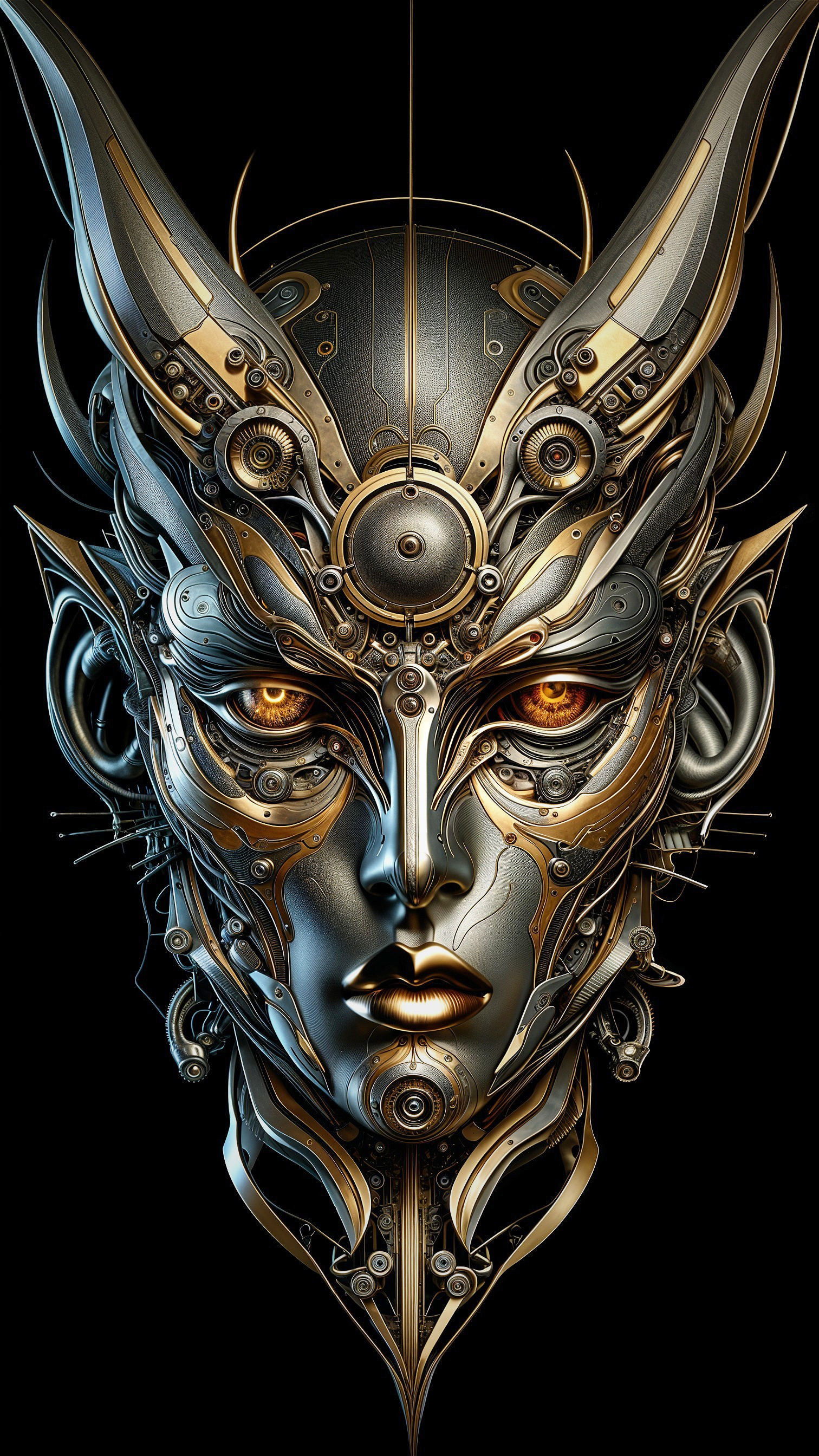 Stylized Cyborg Face with Metallic Patterns and Gears