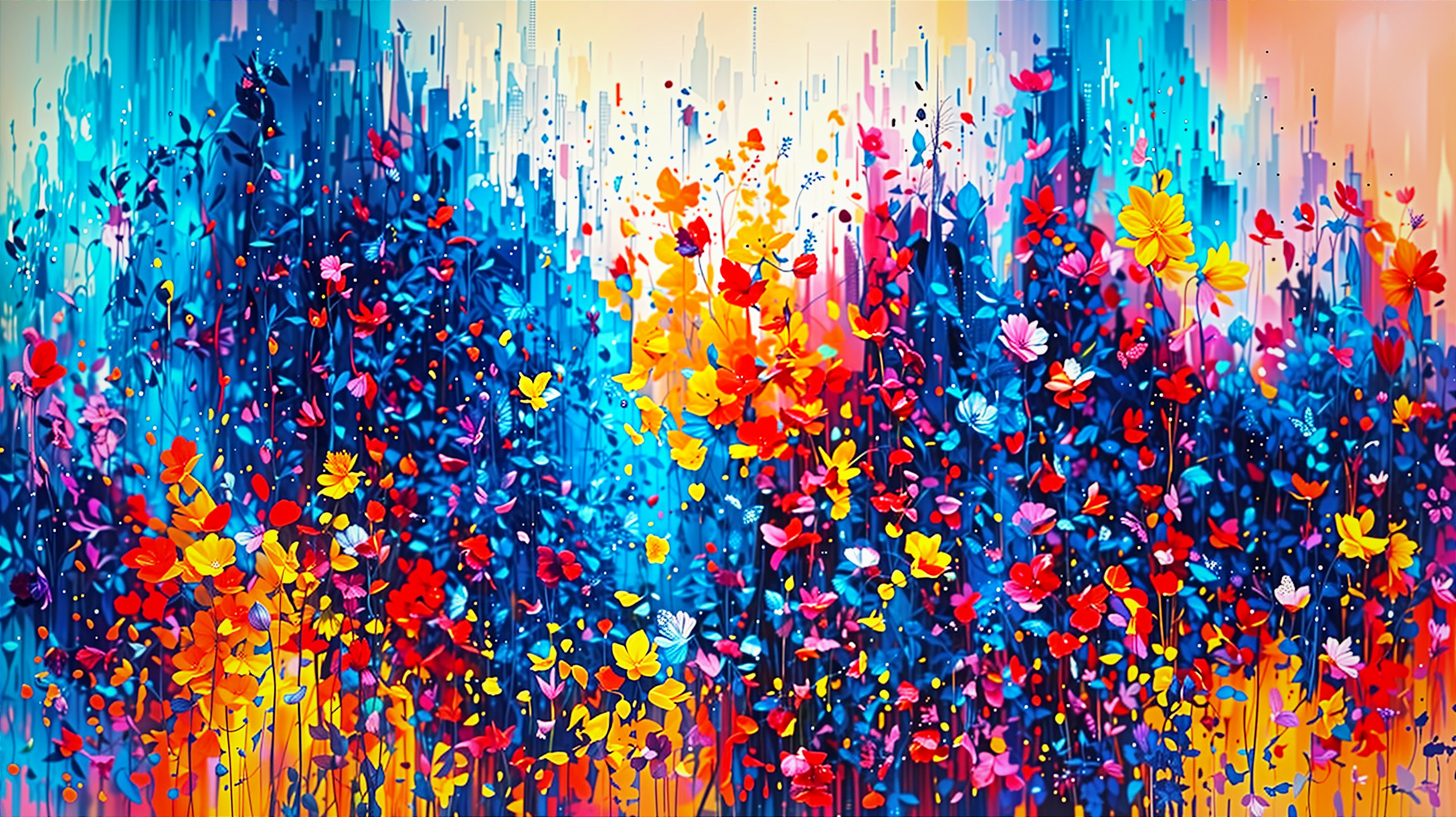 Vibrant Abstract Floral Scene with Colorful Flowers