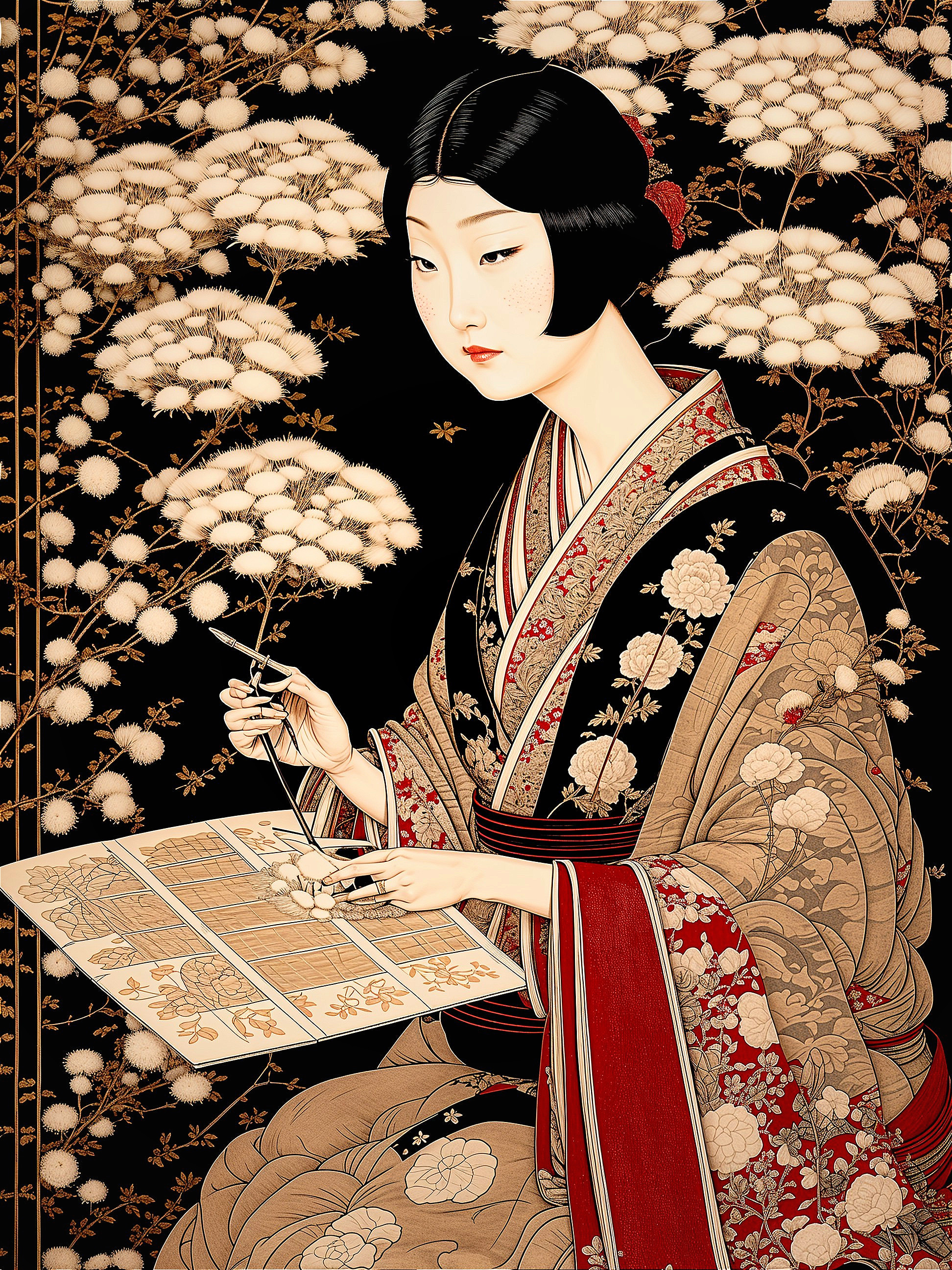 Graceful Woman in Kimono with Ornate Art Background