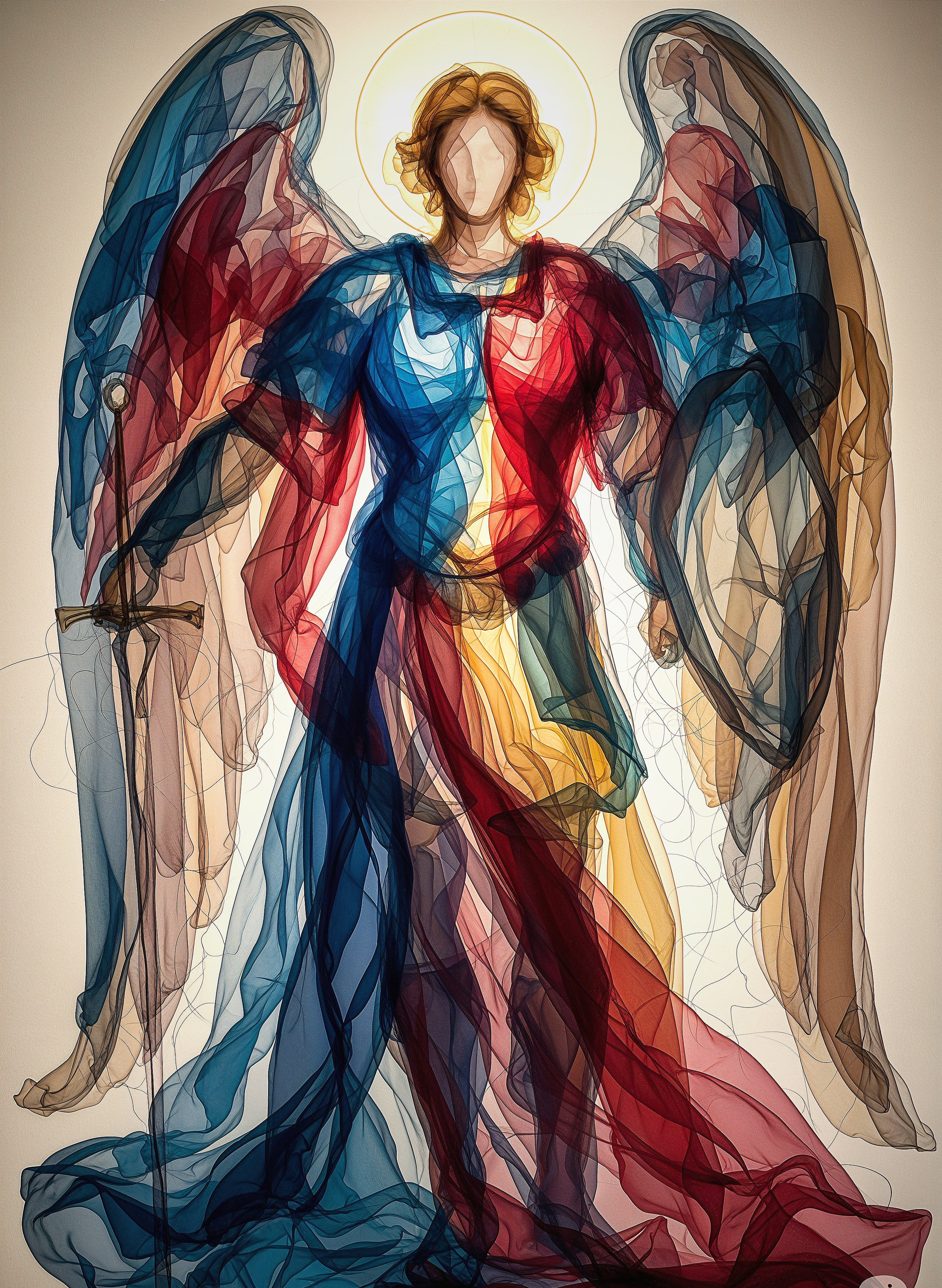Ethereal angel with vibrant wings and sword illustration