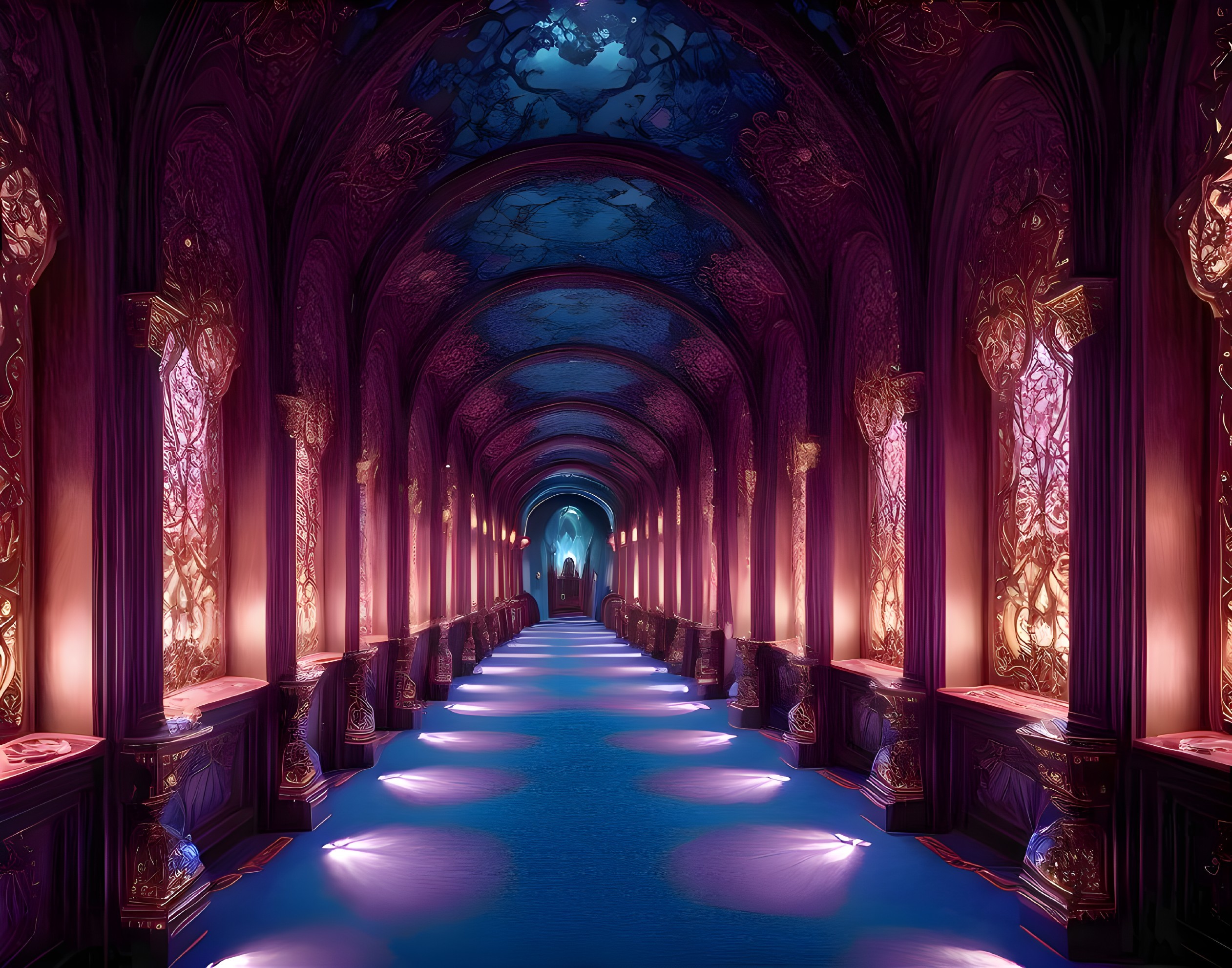 Luxurious Hallway with Purple Columns, Gold Detailing, Blue Carpet, and Painted Ceiling