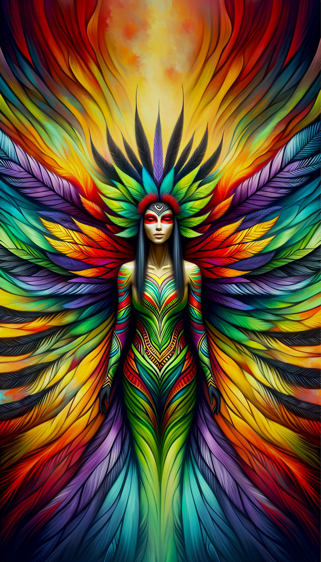 Vibrant Figure in Colorful Dress with Feathered Wings