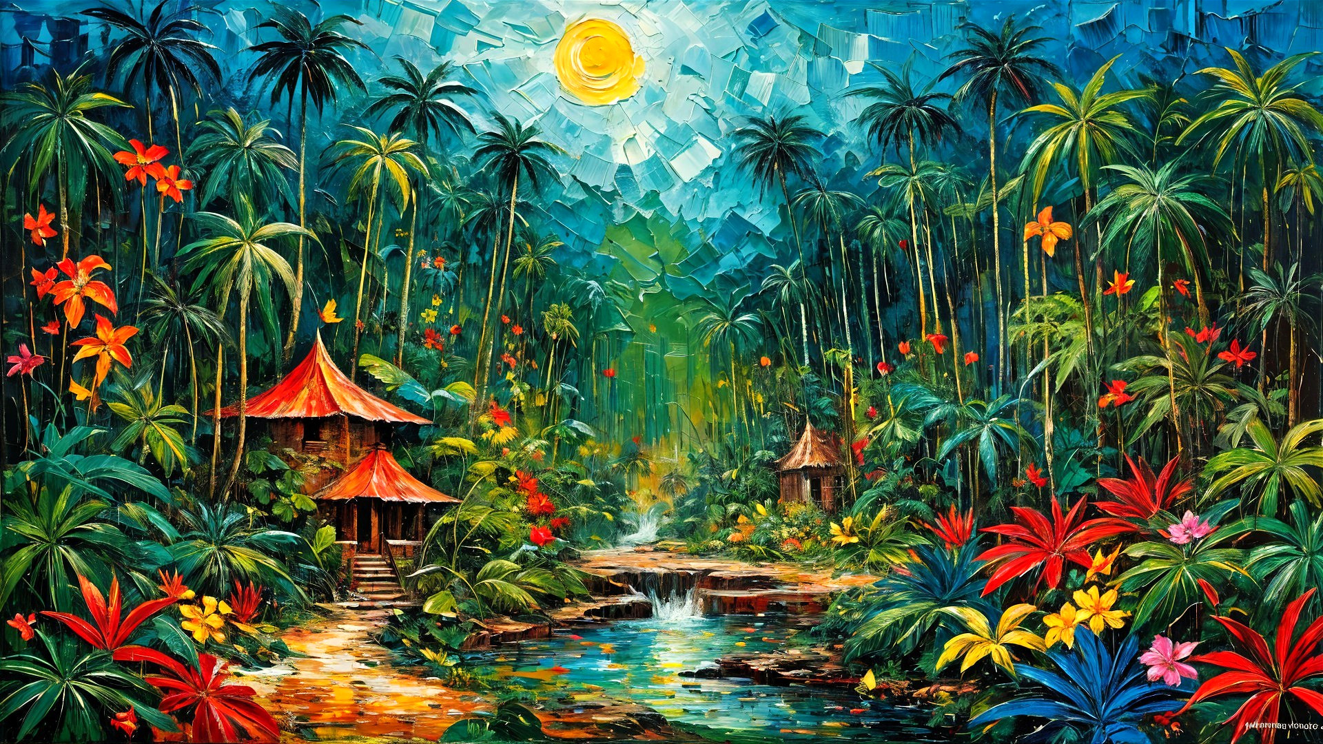 Vibrant Tropical Landscape with Huts and Stream