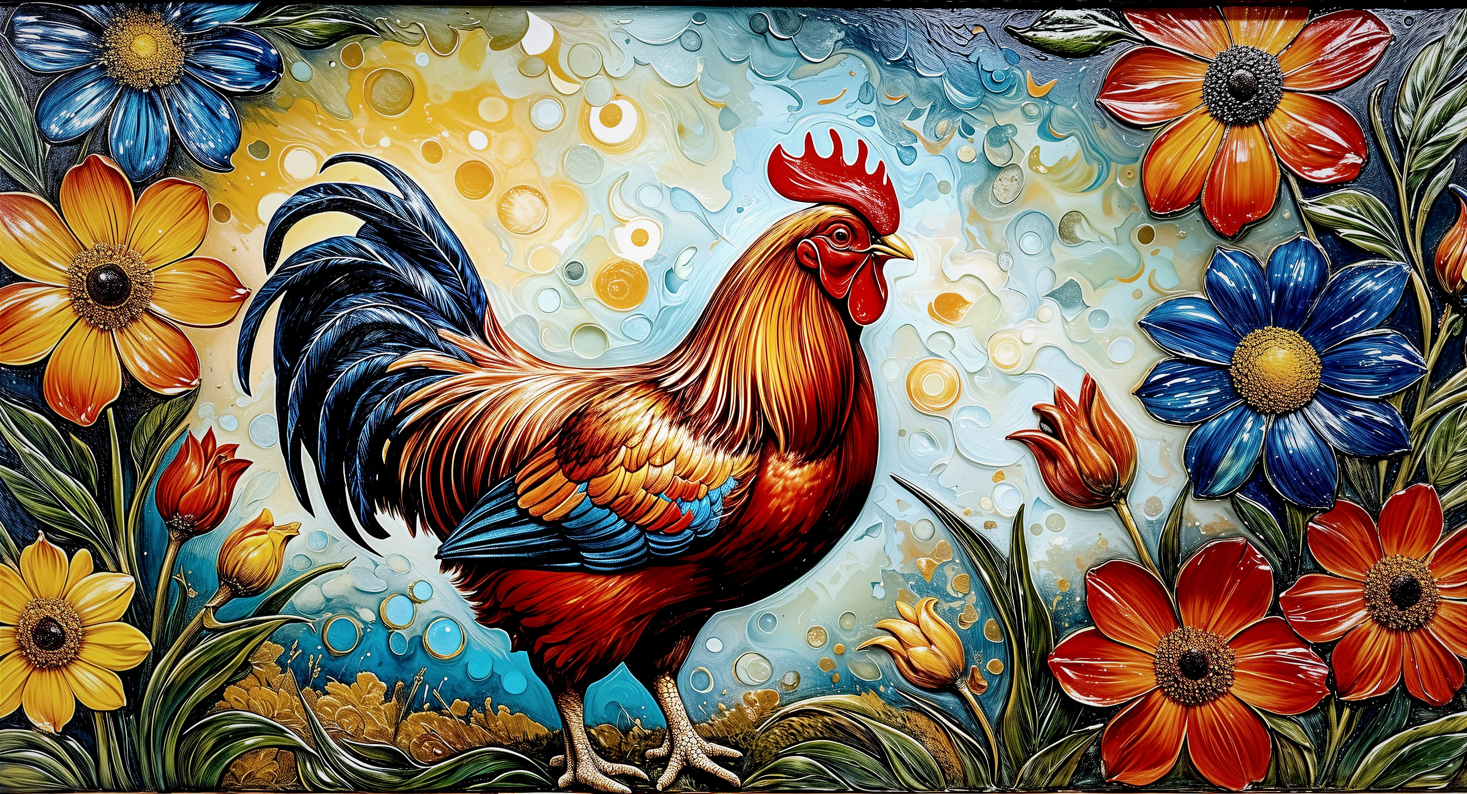 Vibrant Rooster with Colorful Plumage and Flowers