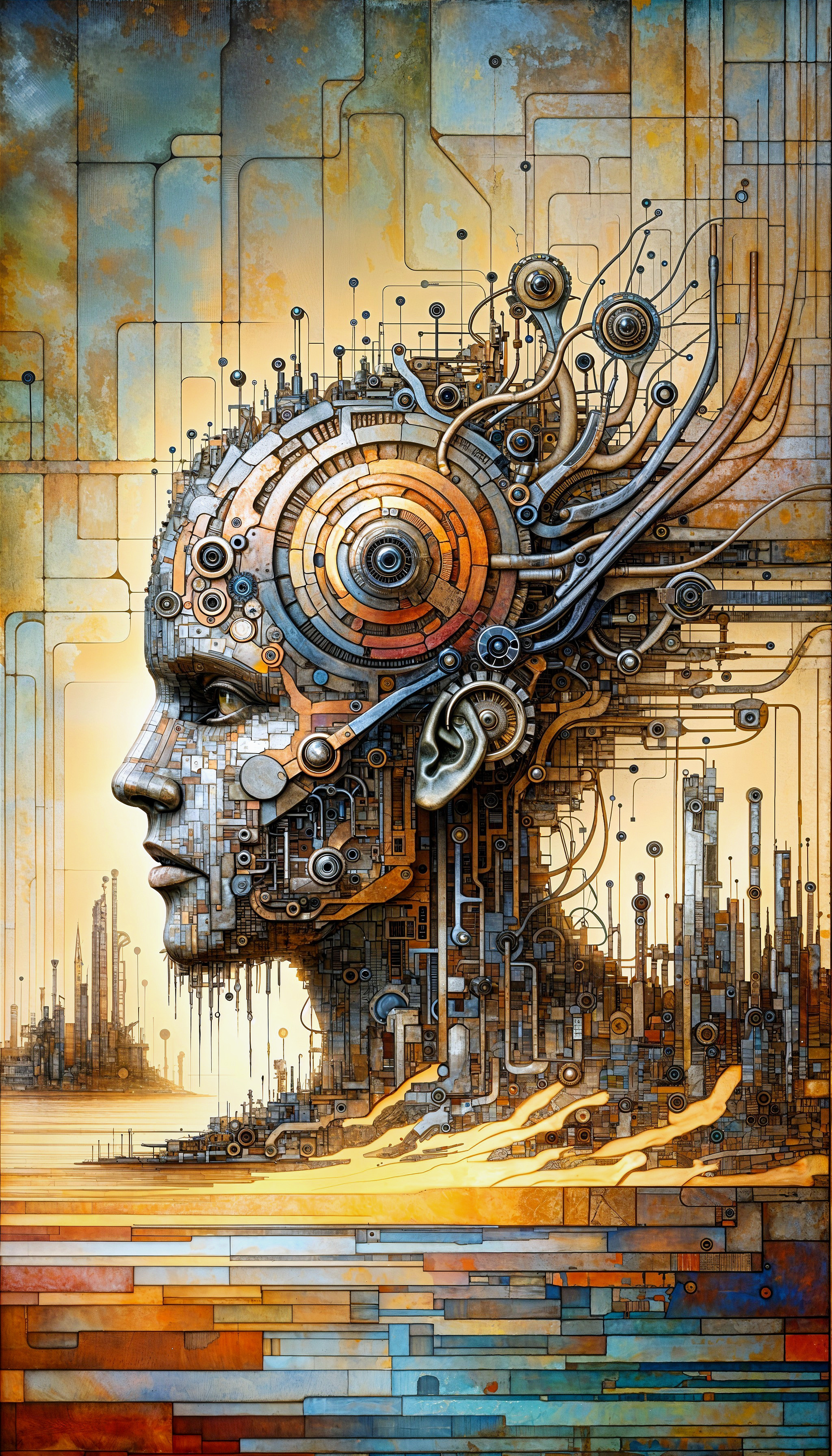 Surreal Human Head with Mechanical and Digital Elements