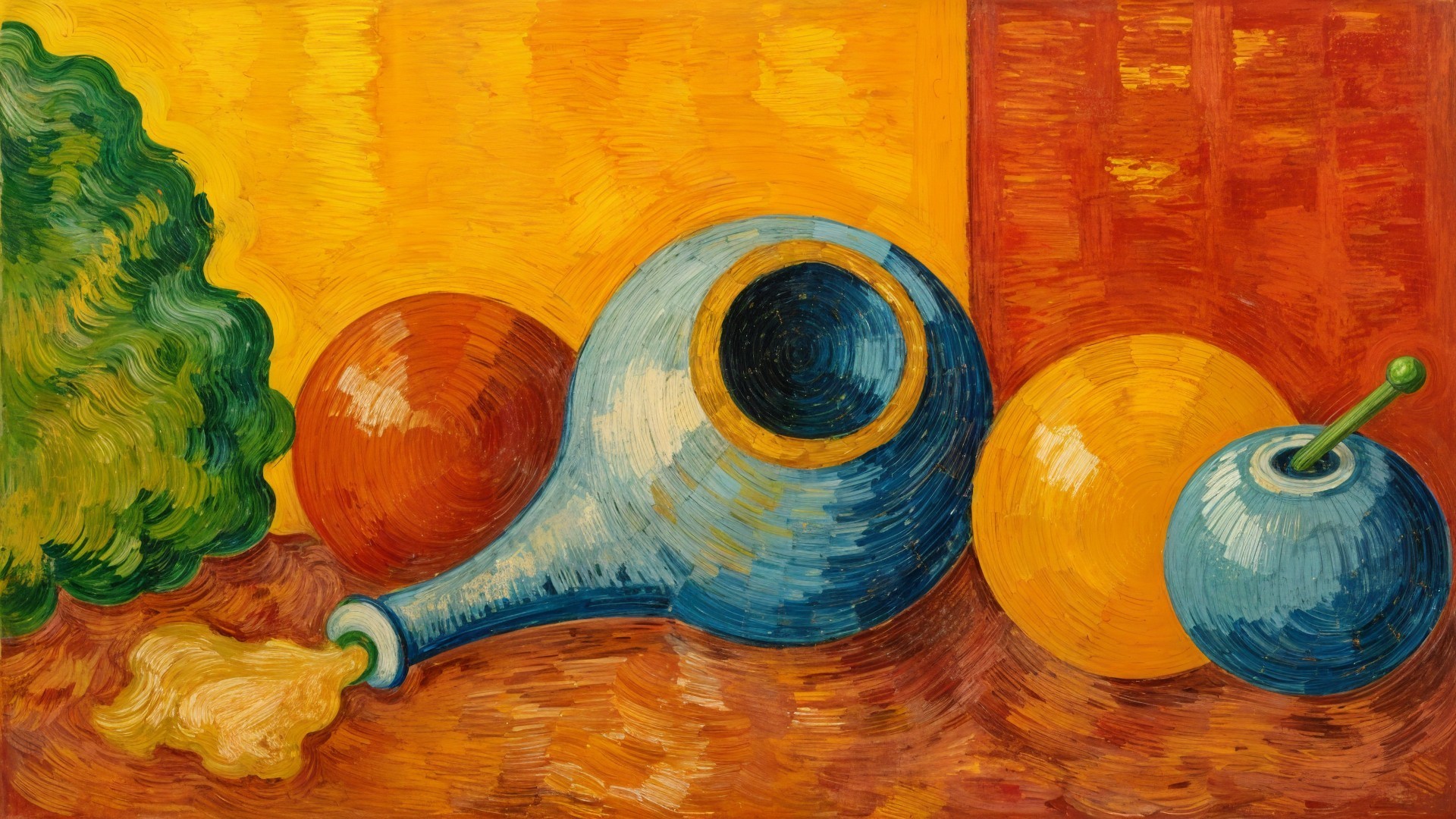 Vibrant Still Life with Blue Jug and Colorful Fruits