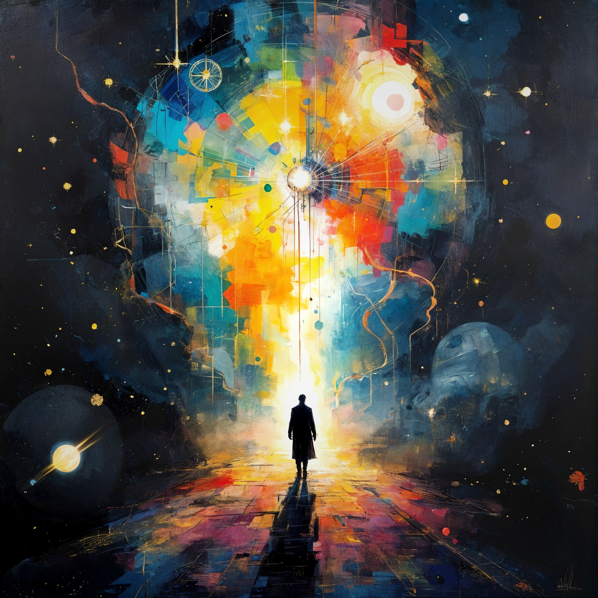 Silhouette in Abstract Landscape with Vibrant Colors